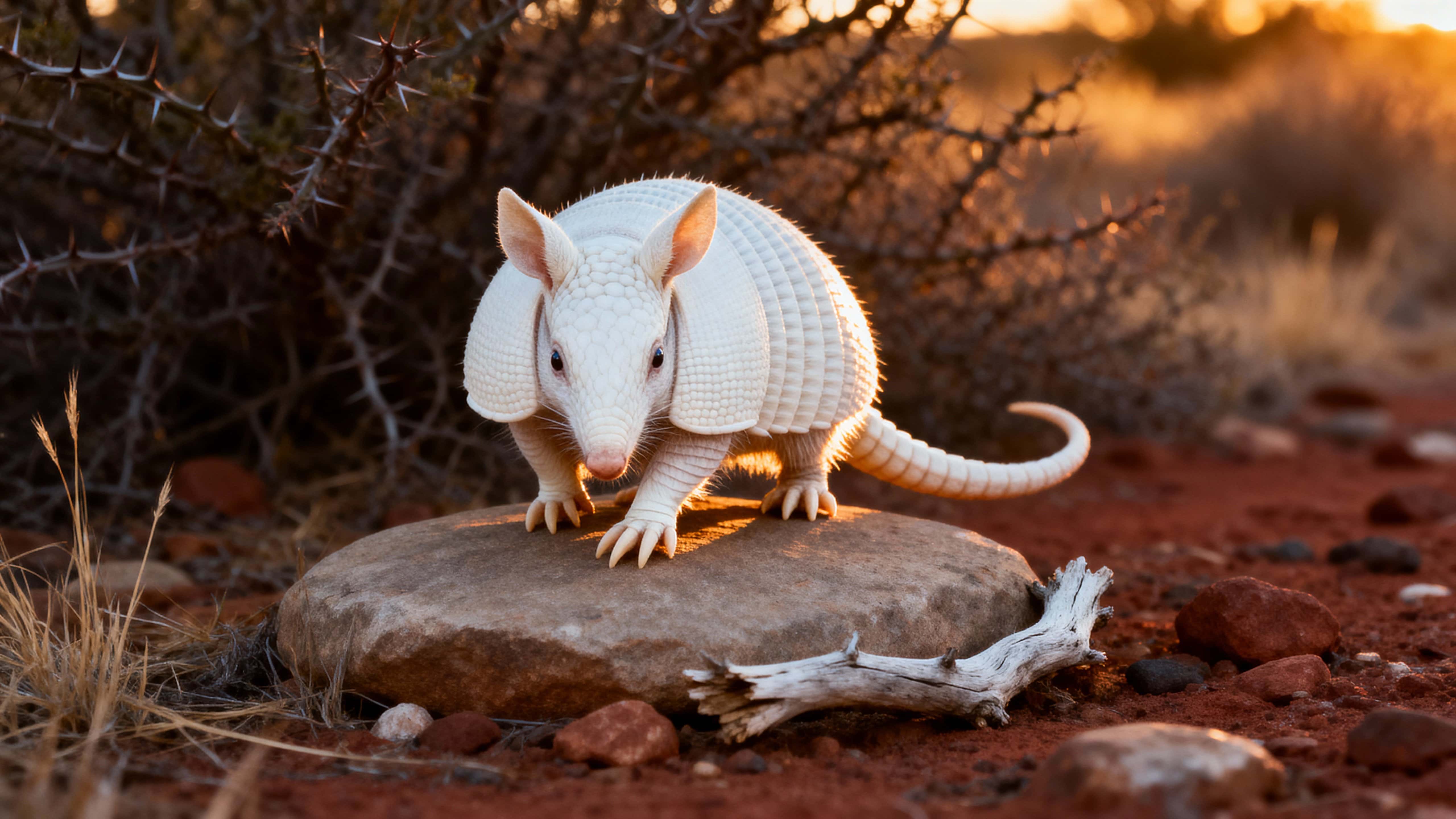 An albino armadillo stands on a flat stone in dry scrubland, facing the viewer with tilted head and curved tail amid bleached branches, dry grasses, and warm sunset hues.