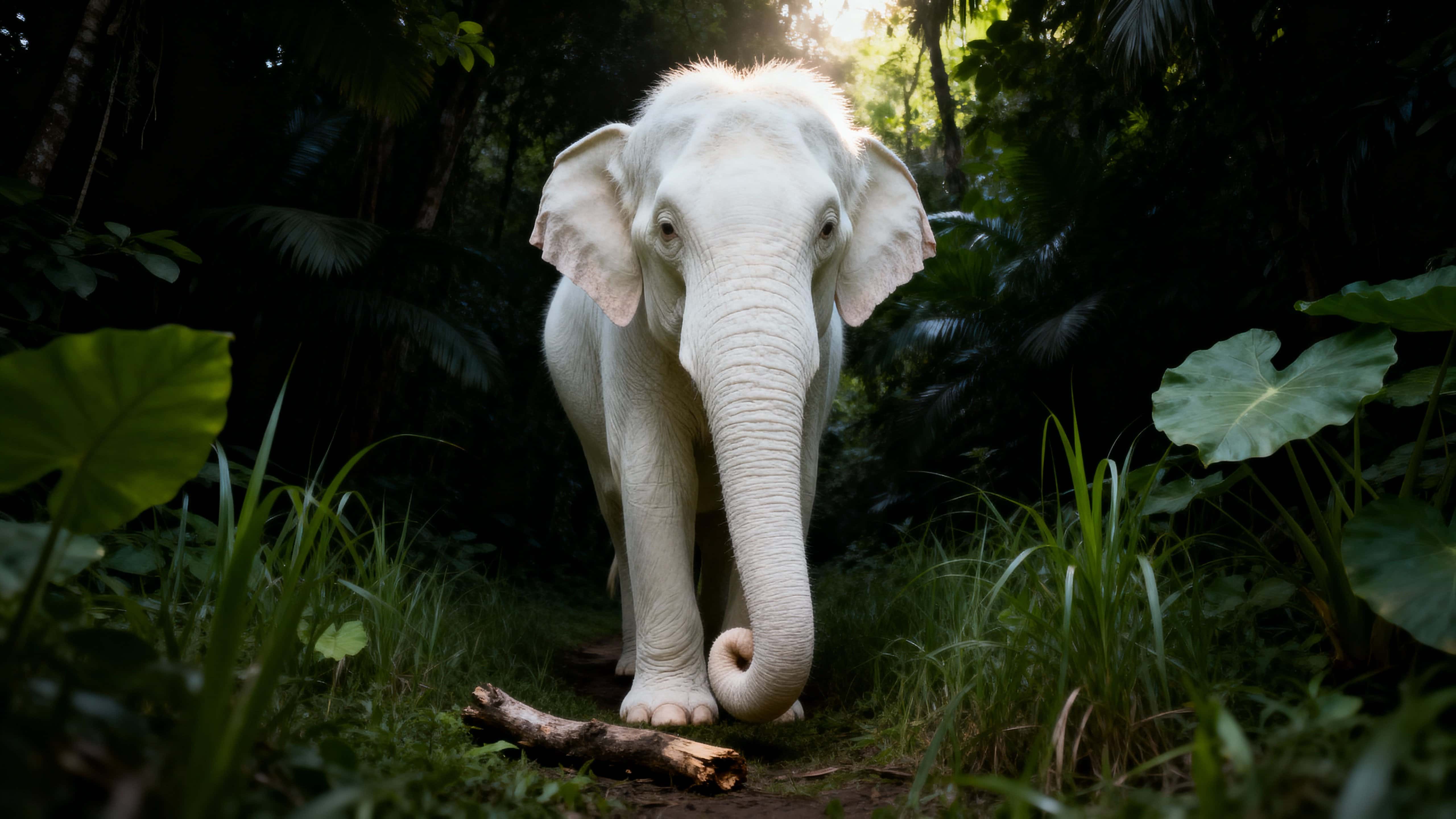 An albino Asian elephant stands in a narrow jungle clearing, facing the viewer with a calm, intent gaze as soft filtered sunlight sculpts its pale skin against deep green and near-black foliage.