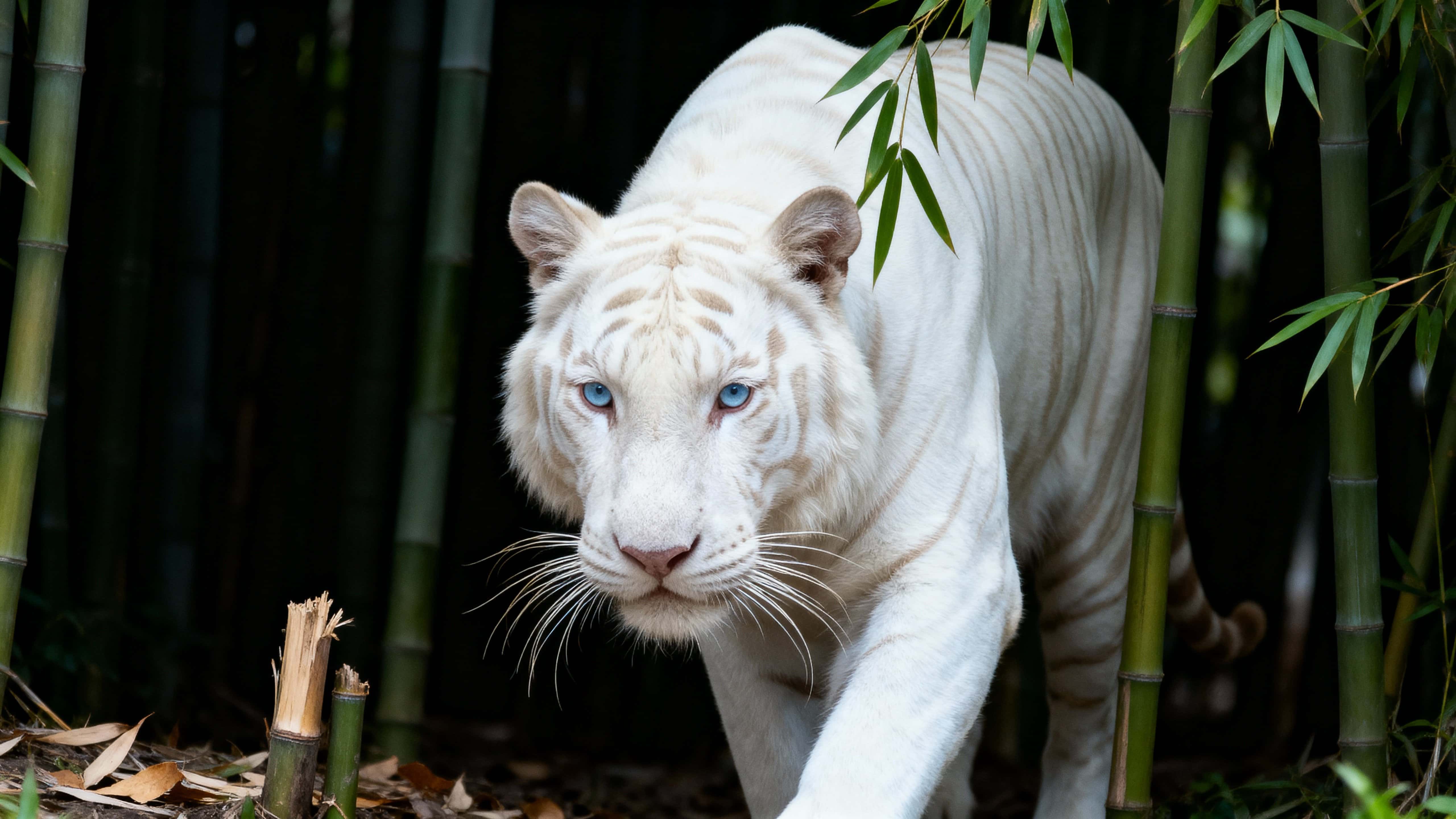 An albino Bengal tiger fills a 16:9 tight upper-body portrait amid a shadowy bamboo grove, its pale blue eyes fixed forward as white coat and cream stripes glow.