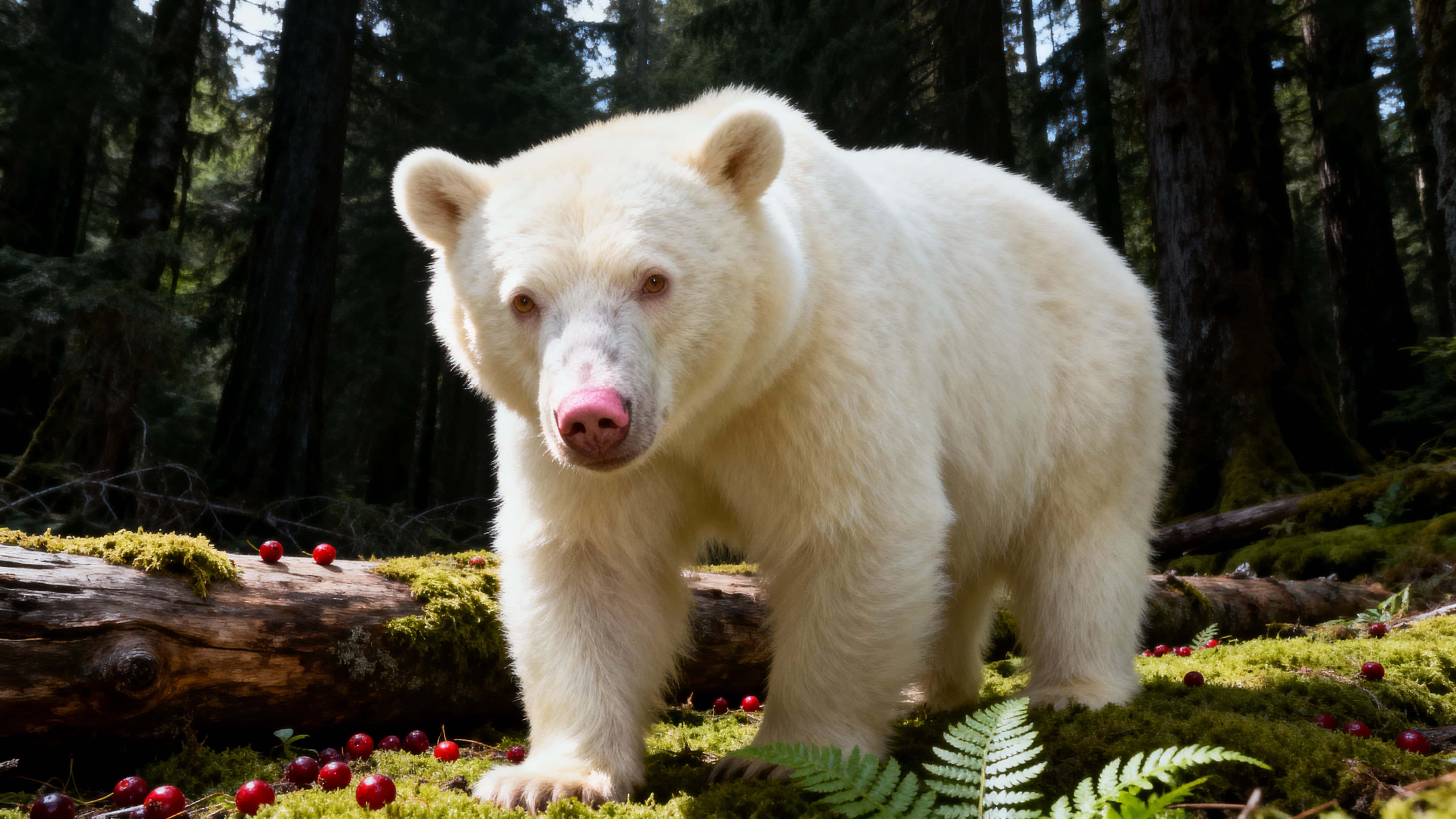 A 16:9 wildlife portrait of an albino black bear standing in a mossy clearing at the edge of a dense Pacific Northwest conifer forest, gazing forward amid ferns, fallen logs, and red berries.
