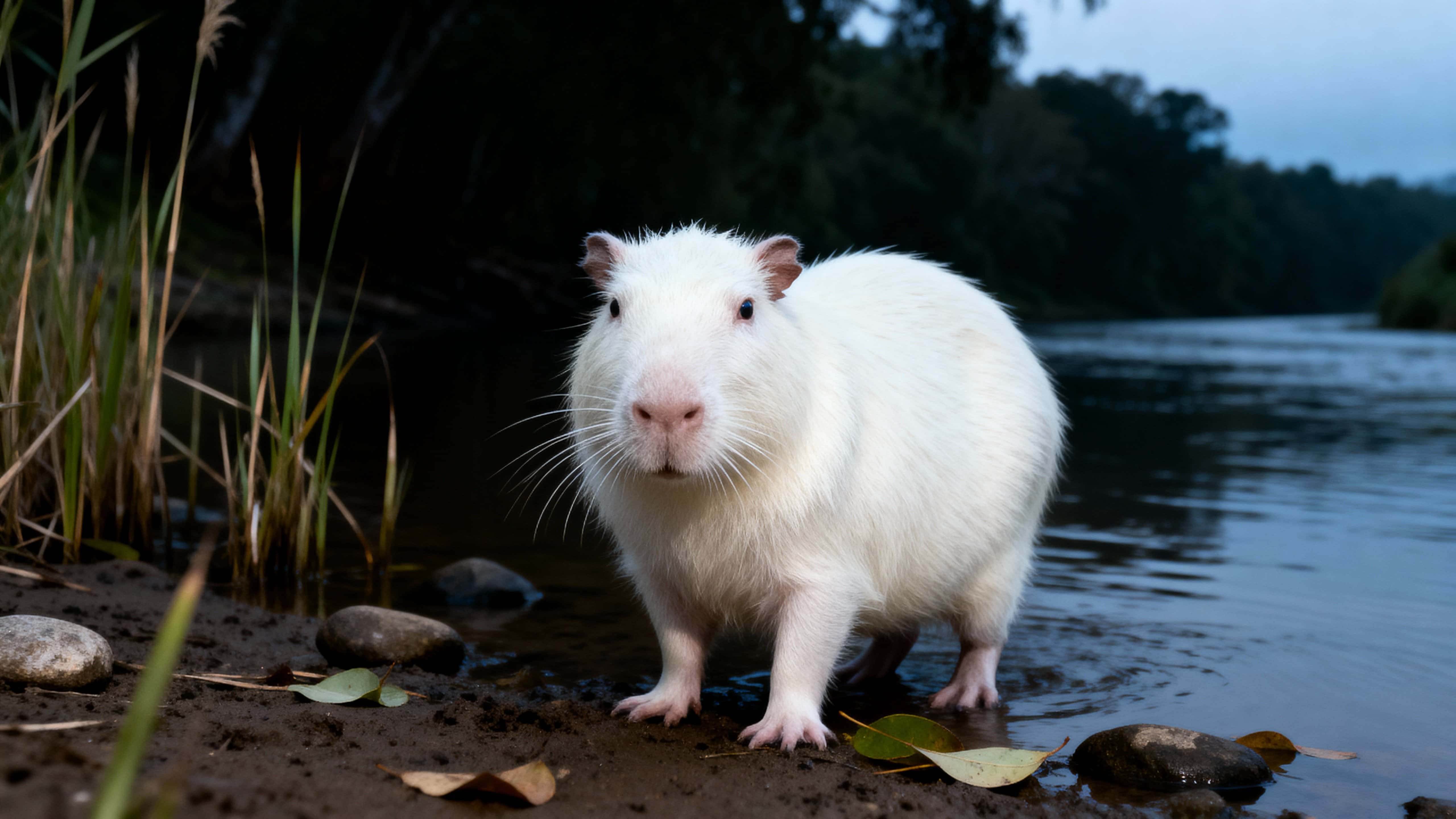 A tranquil portrait of an albino capybara standing at a muddy river edge, white fur contrasting with deep green reeds and muted blue-gray water under soft overcast light.