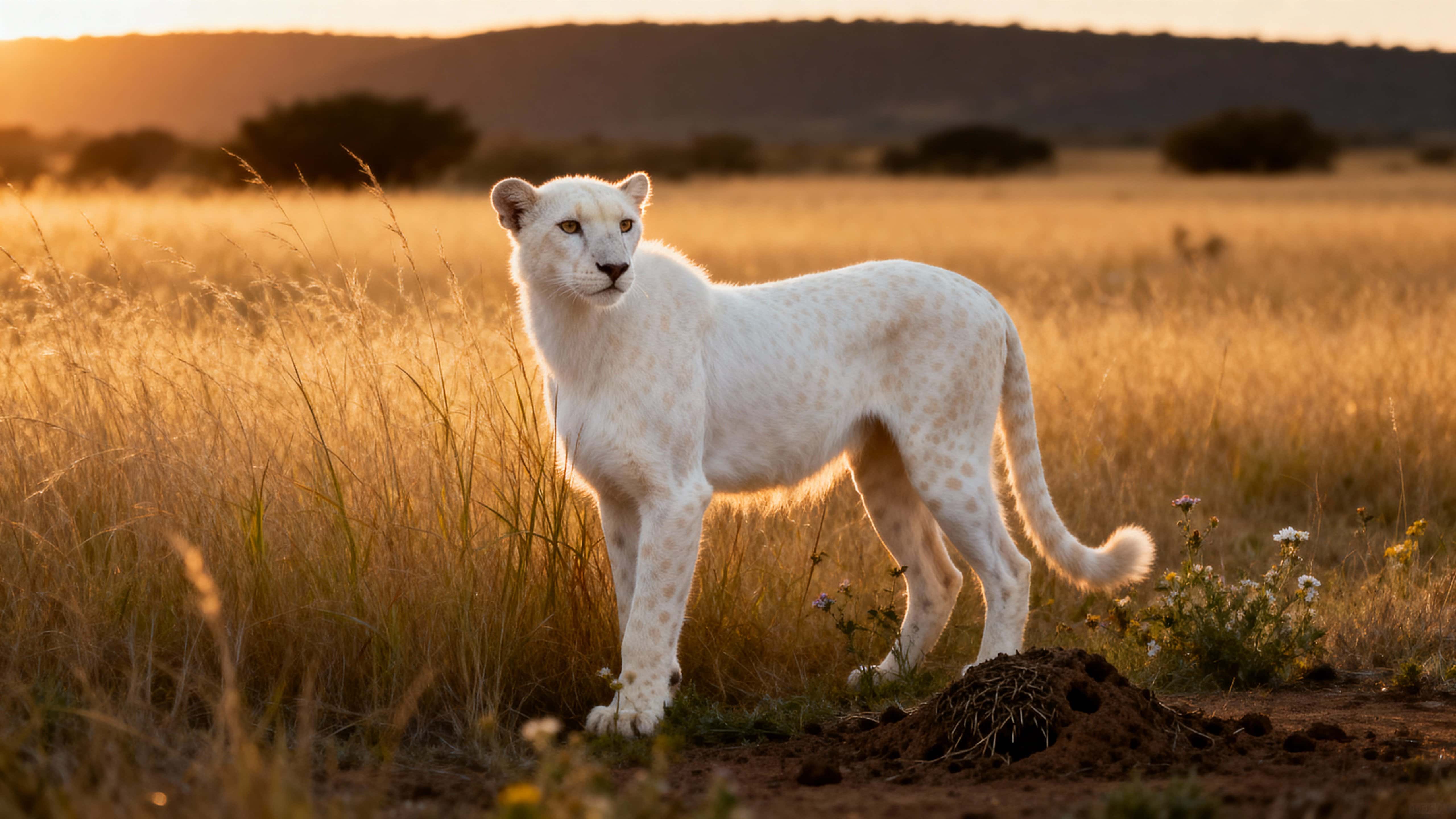 An albino cheetah stands half-hidden in tall golden savanna grass, head turned toward the viewer with attentive eyes as warm hazy sunlight grazes its white coat and amber field.