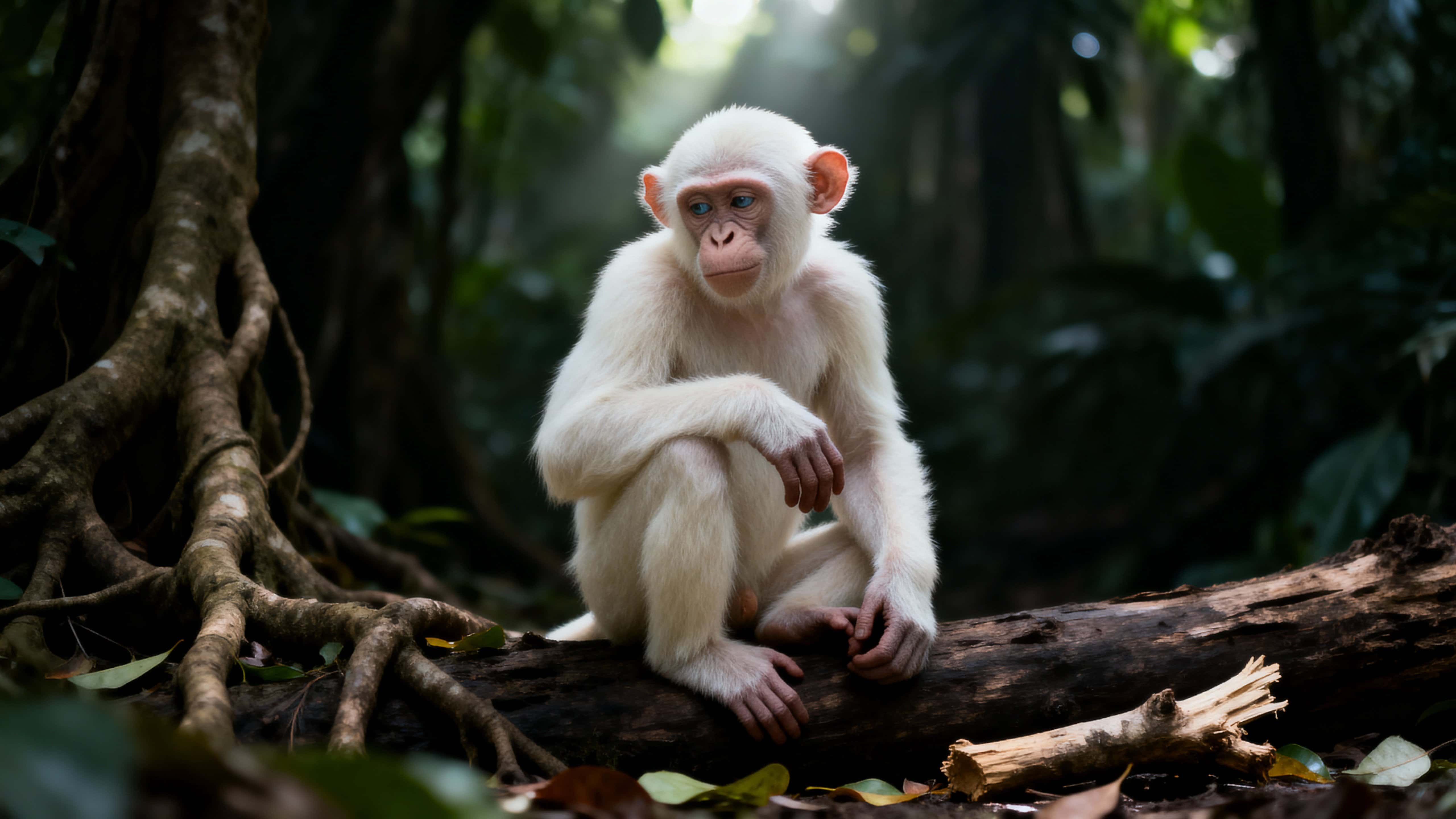 An albino chimpanzee sits on a fallen log in a dense rainforest clearing, facing the viewer with steady light eyes as soft natural light outlines its pale features.
