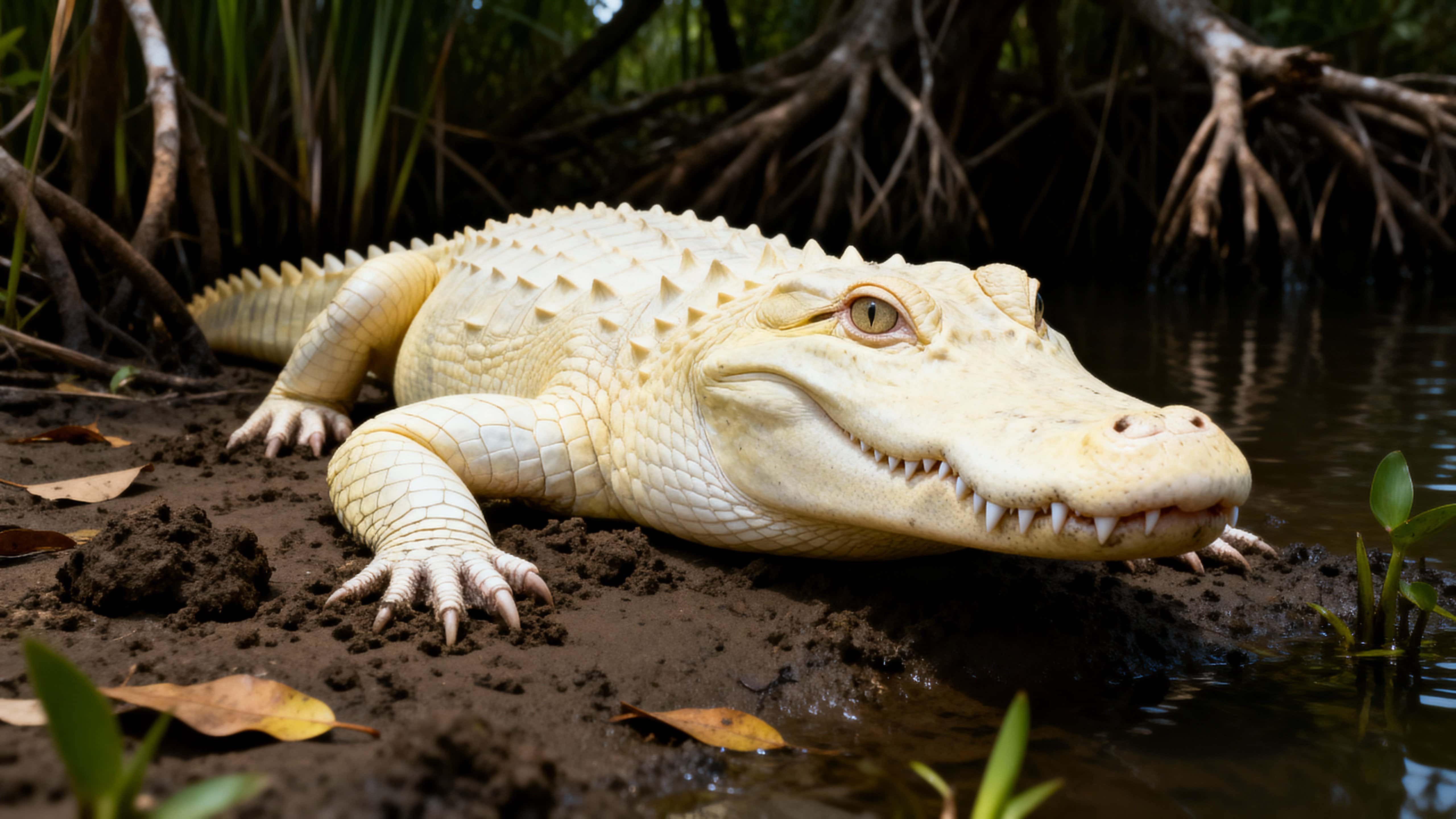 An albino crocodile rests on a muddy riverbank in a shaded tropical wetland, its pale armored body and white jaws contrasting with deep green-brown water, roots, and reeds.