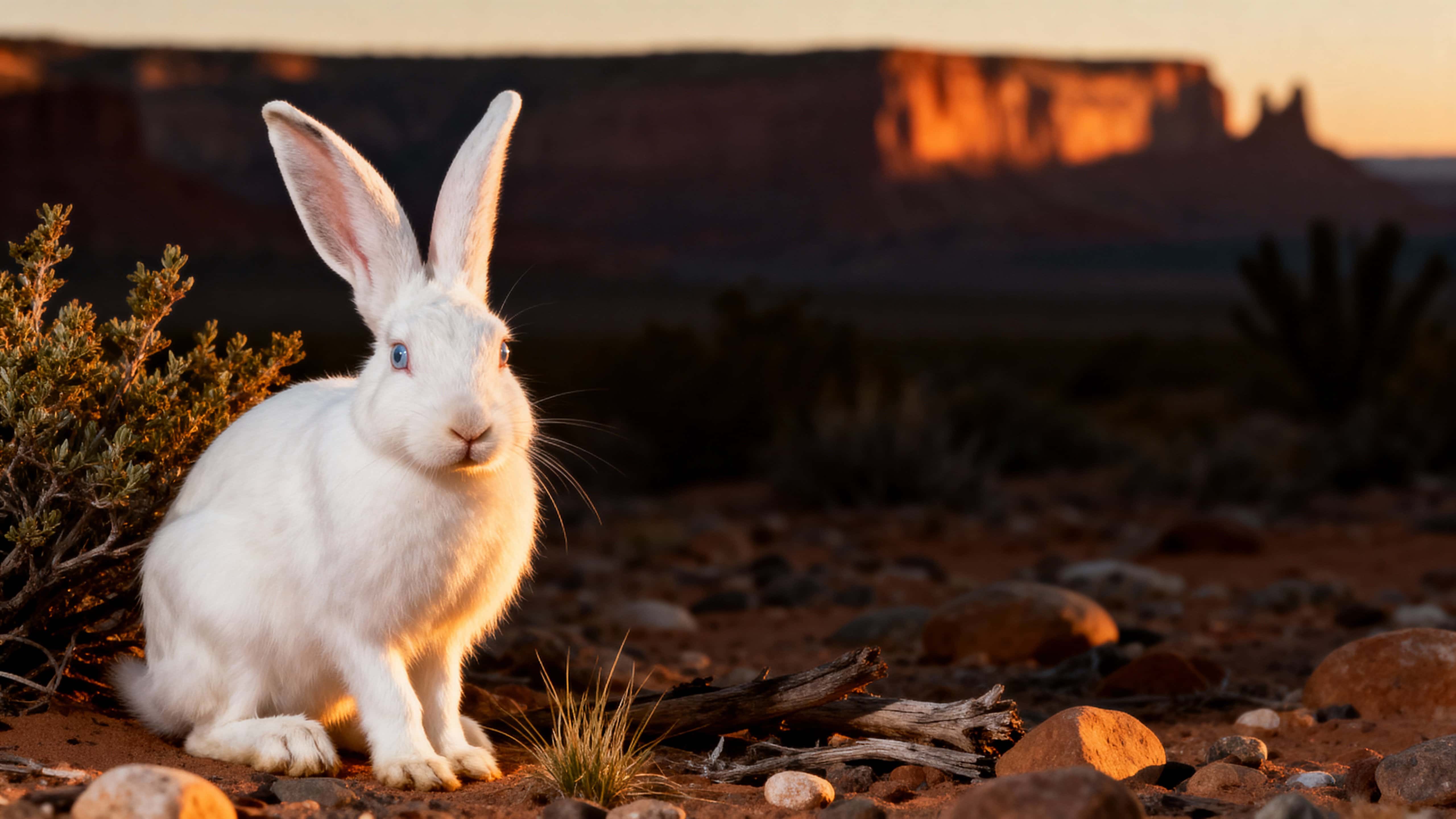 An albino desert hare pauses beside a low shrub in a rocky arid landscape at golden hour, its smooth white fur and mismatched ears grazed by warm sunset as distant mesas and shadowed plants recede.