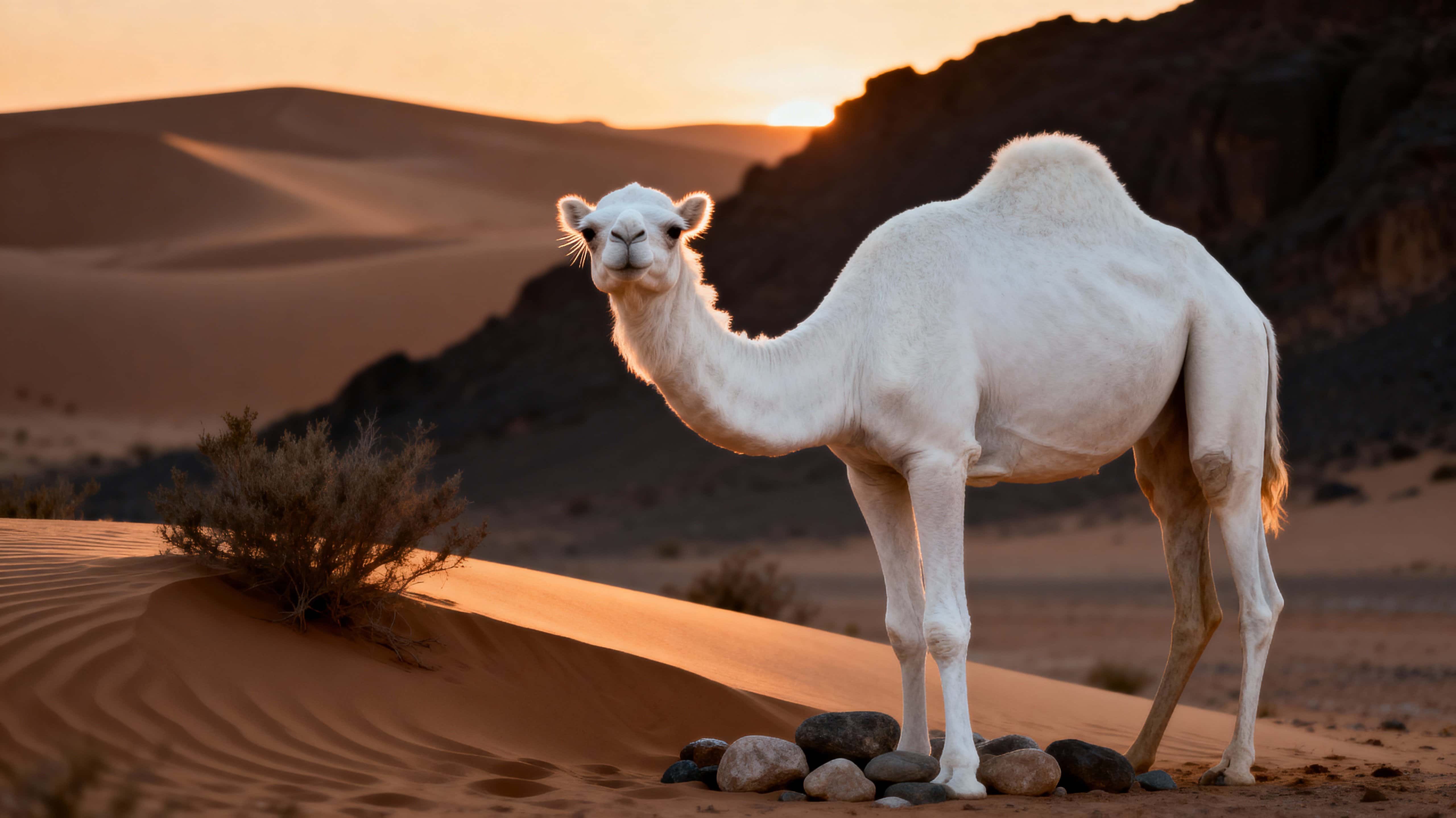 An albino dromedary camel stands beside a low dune in soft evening light, head turned toward the viewer with a steady gaze amid rippled sand, sparse scrub, and scattered stones.