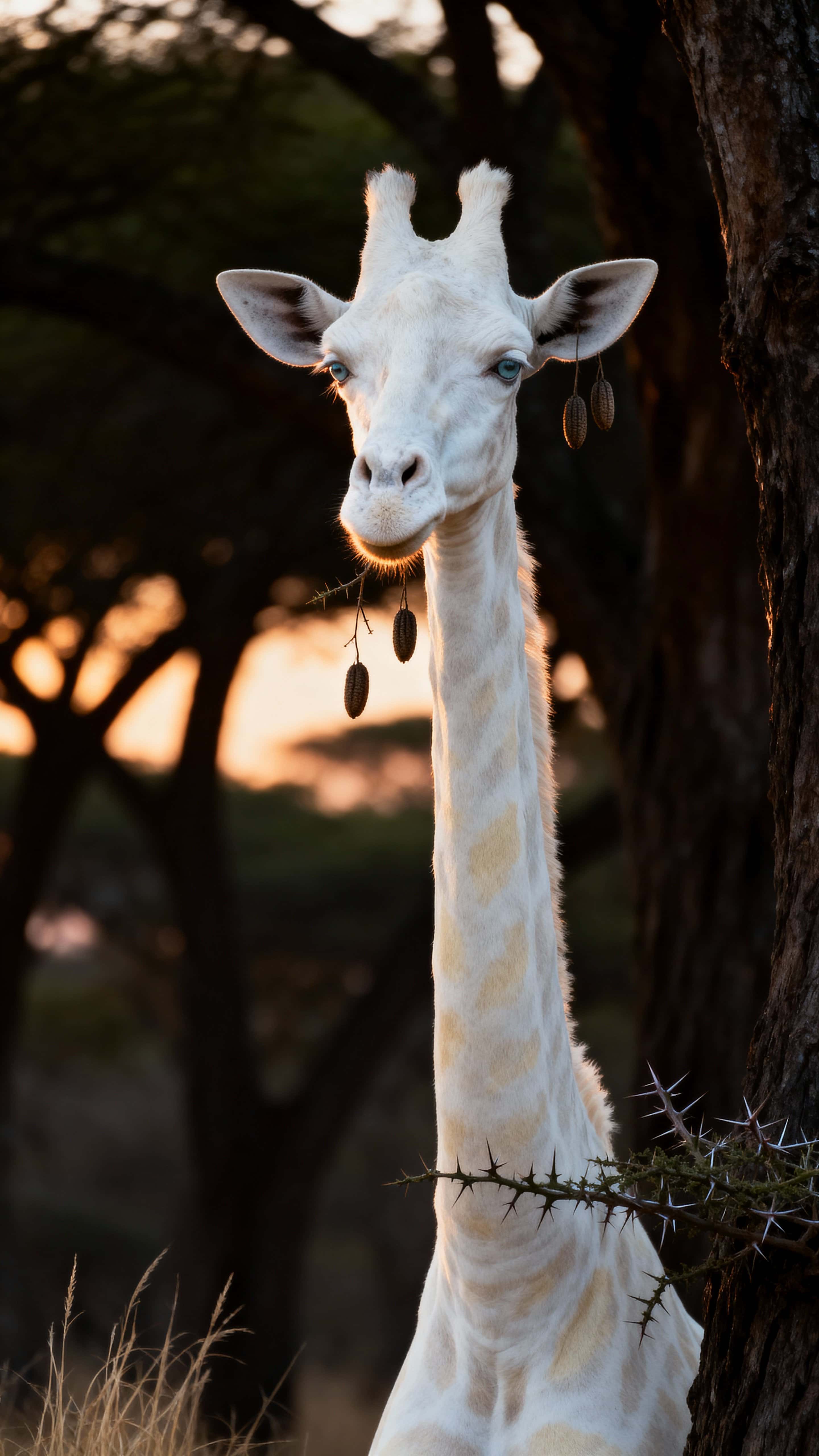 An albino giraffe stands beside a tall acacia in a dusky African woodland, its pale coat and cream patches lit by warm low side light against deep brown and muted green backdrop.