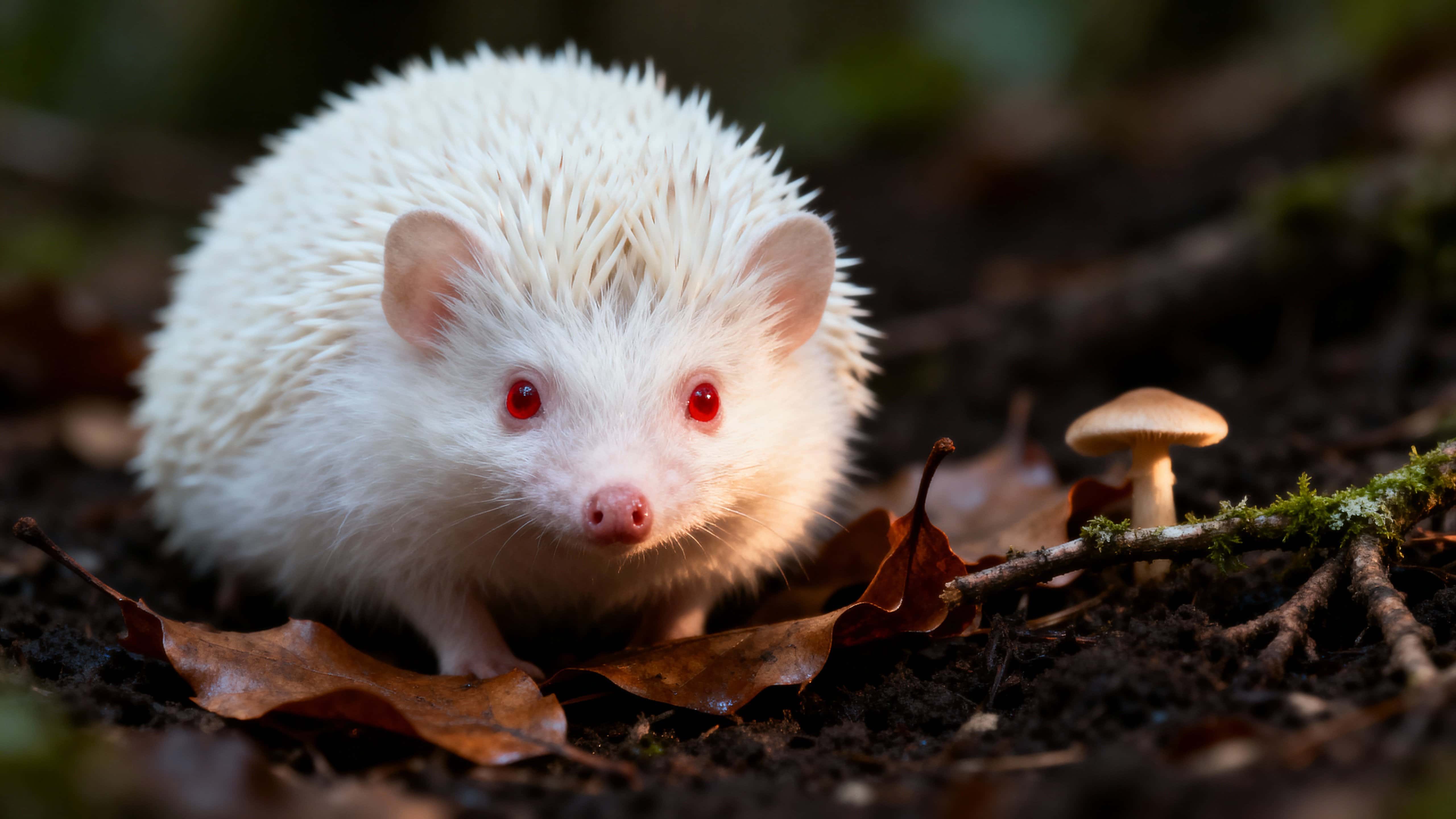 An albino hedgehog nestles on damp forest leaves in an ultra-close 16:9 portrait, pale spines and red eyes framed by mushrooms, mossy branch and blurred dark undergrowth.