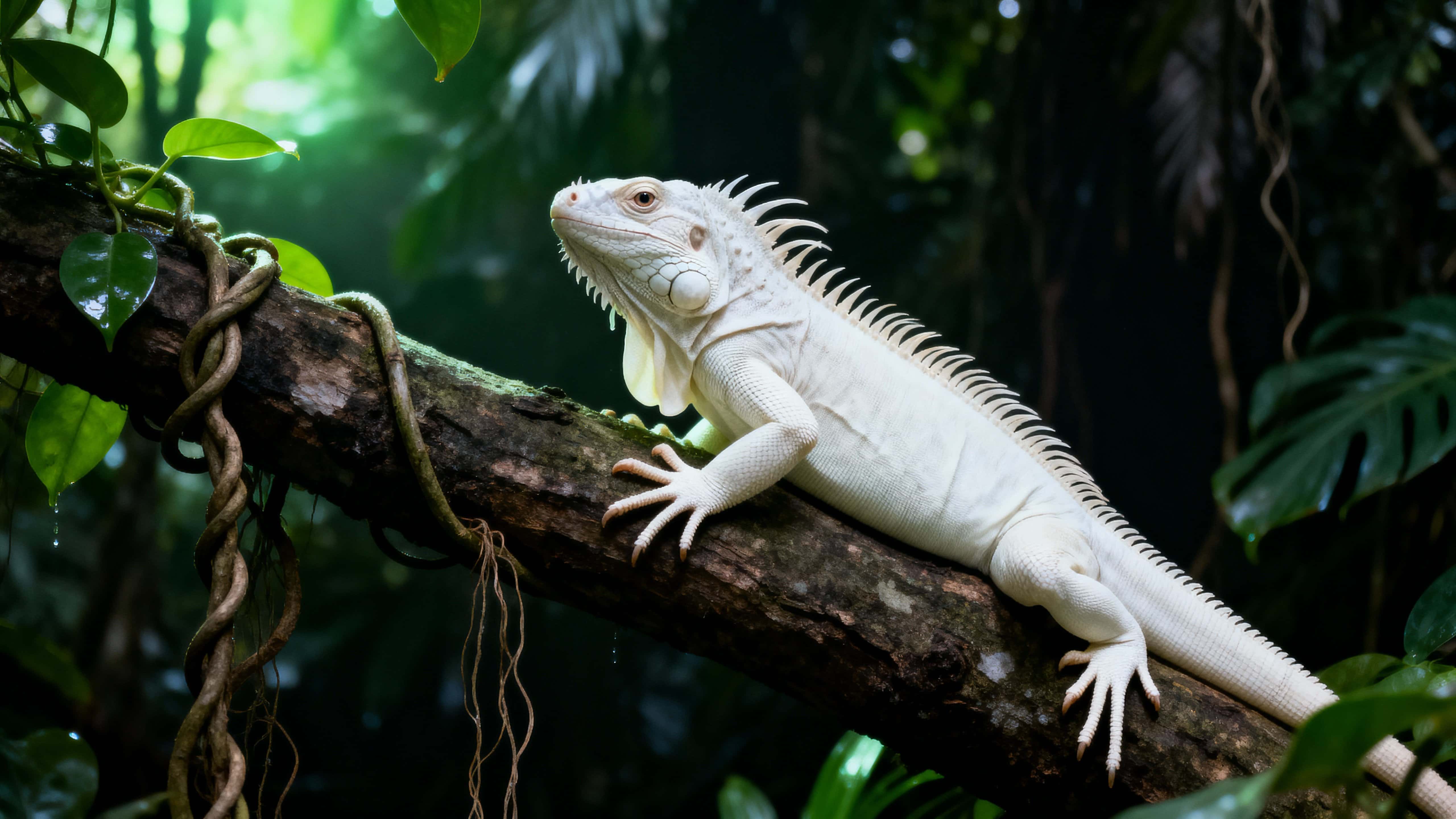An albino iguana rests on a broad tree branch in a dense tropical jungle, facing the viewer in profile with one eye toward the lens, pale scales and dewlap shaped by soft green-tinted light as foliage recedes.