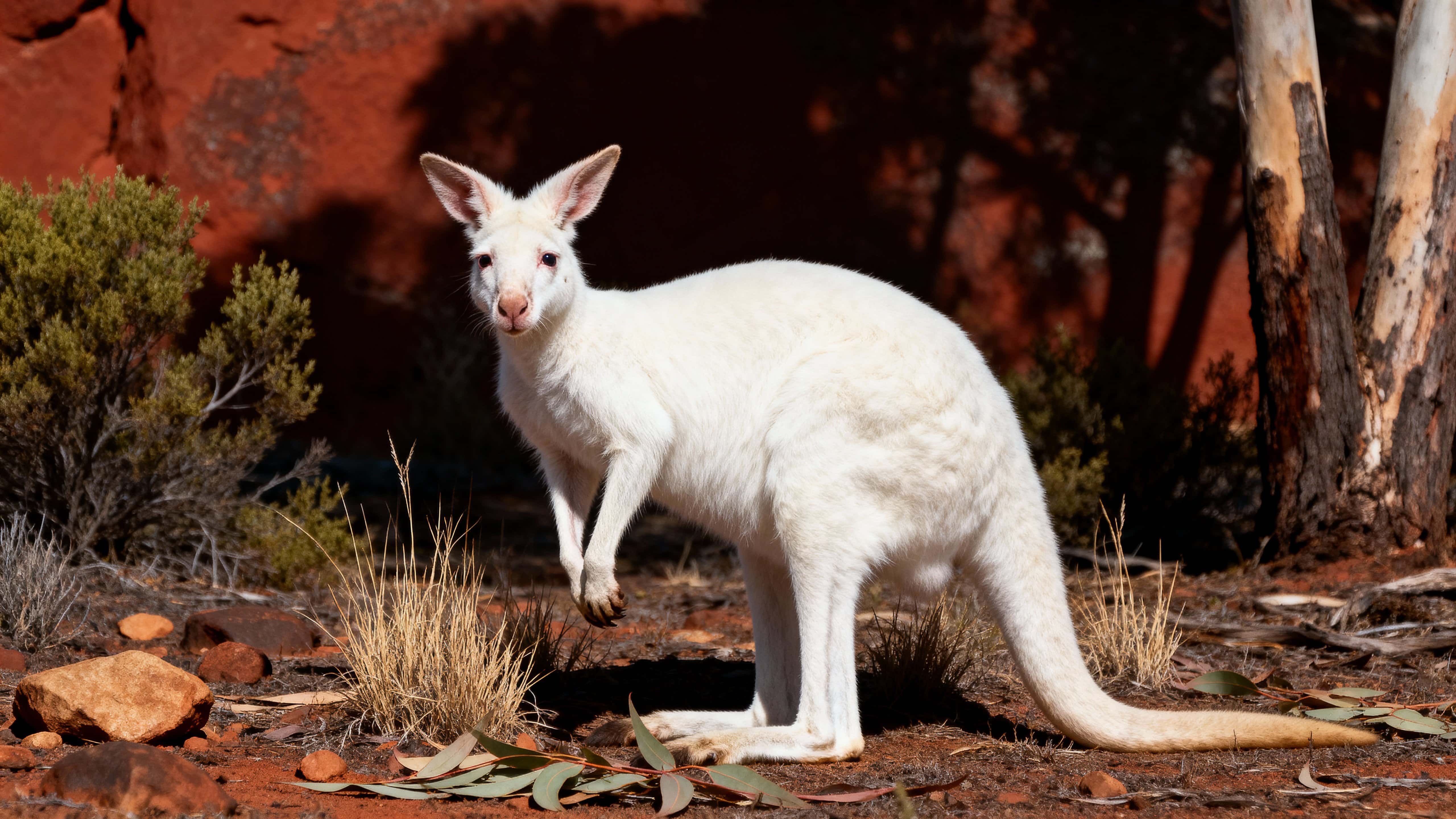 A lean albino kangaroo faces the viewer in a mid-distance portrait within scrubby Australian outback, set among red rock, sparse bushes and shadowed eucalyptus trunks.