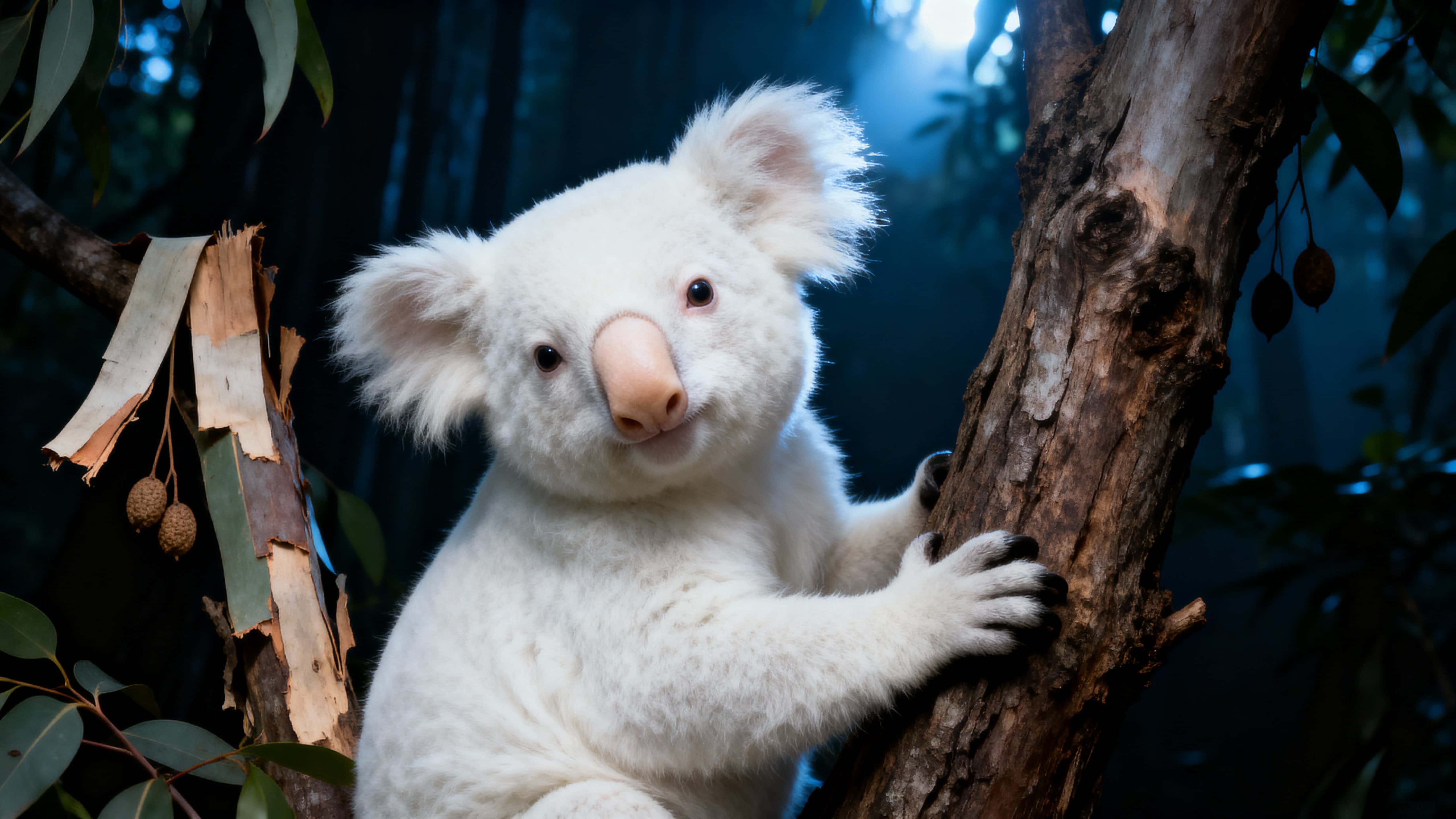 An albino koala clings to a rough eucalyptus trunk in a dim Australian forest, its fluffy white fur and pale nose glowing against deep bluish-green foliage.