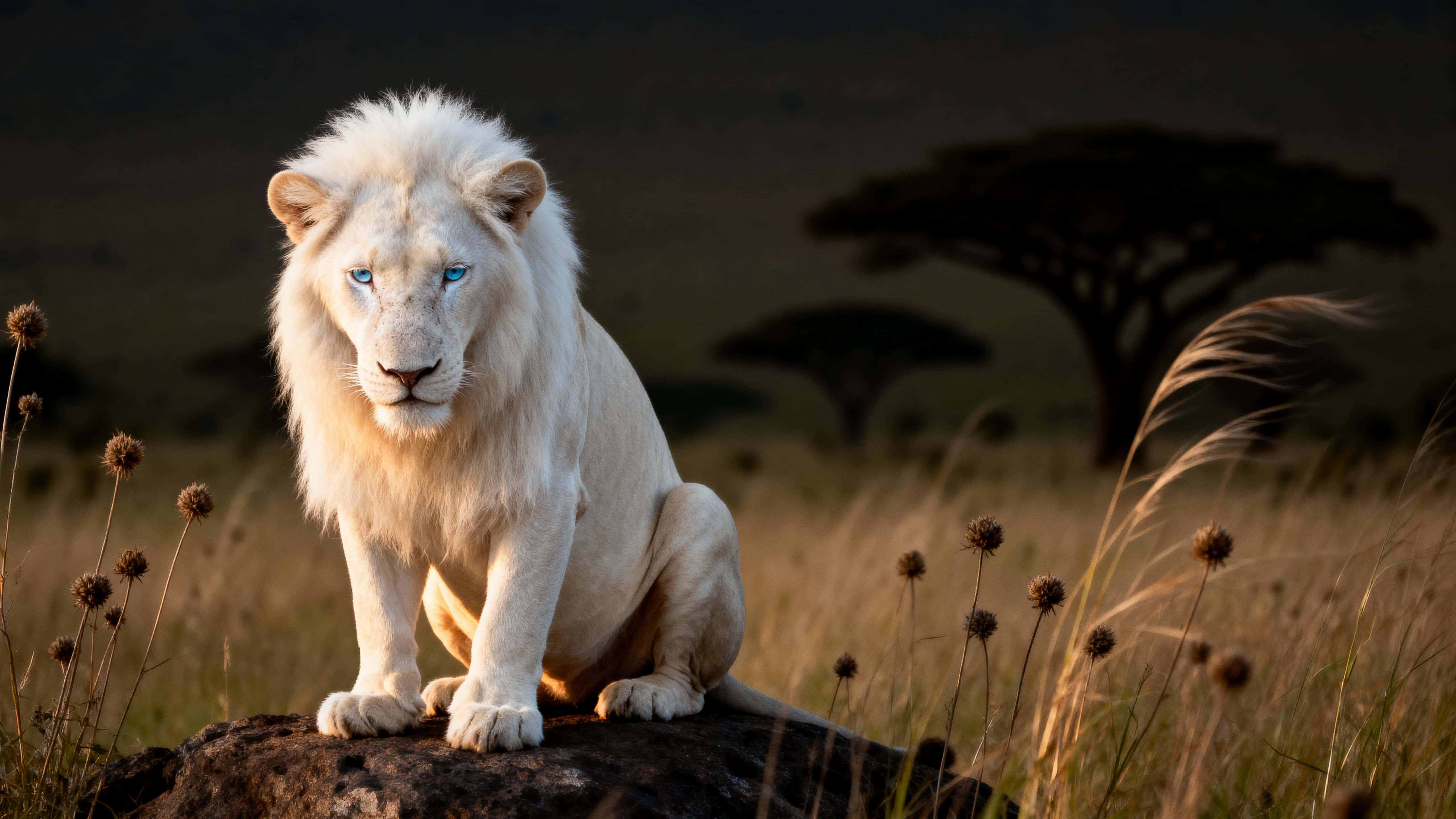 An albino male lion sits on a low rock in a shadowy African savanna, his white mane and icy blue eyes lit from the left against muted browns and olive greens.