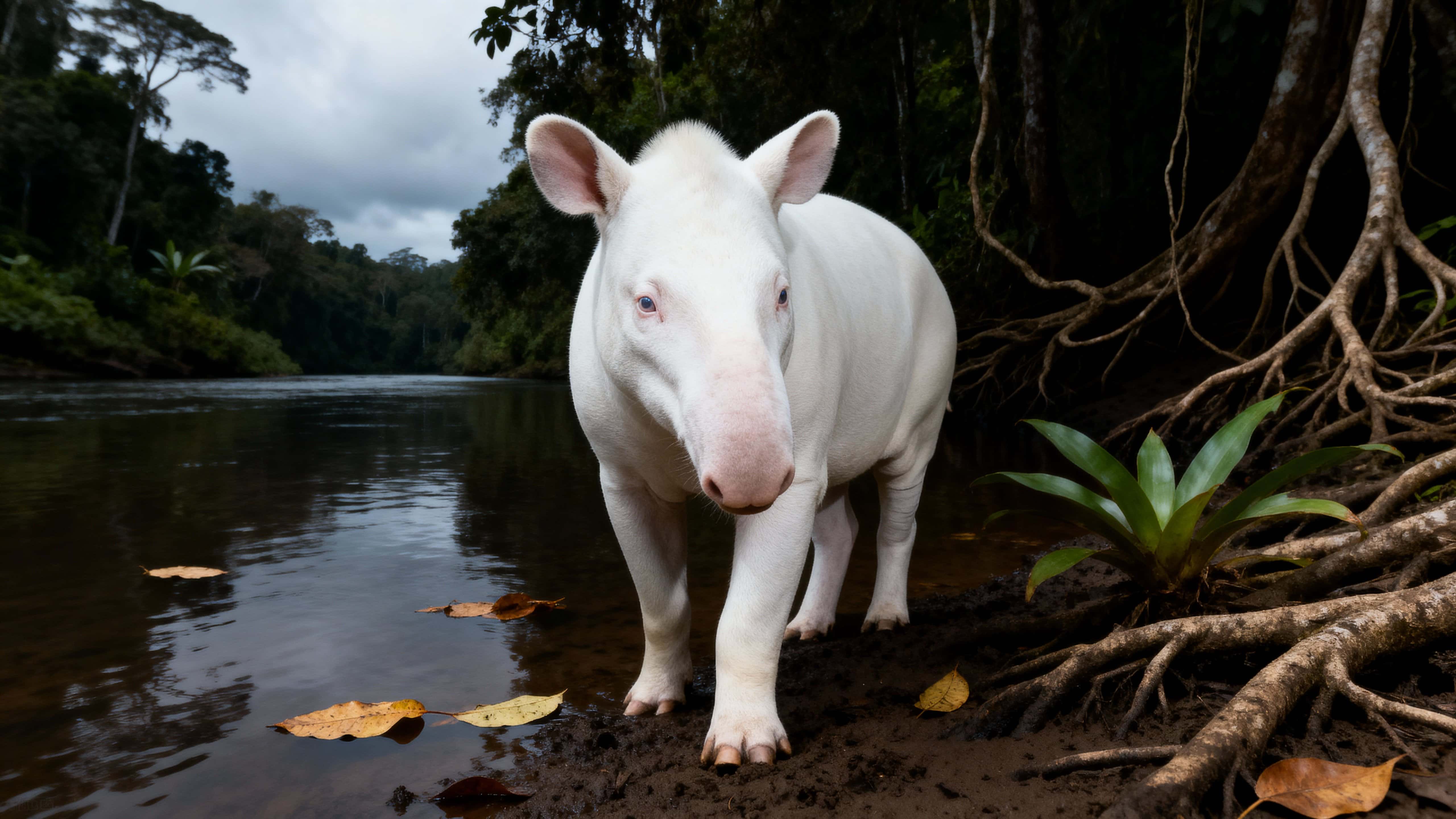 An albino lowland tapir stands at the muddy riverbank of a rainforest, facing the viewer with pale eyes amid exposed roots, floating leaves, and deep green shadows.