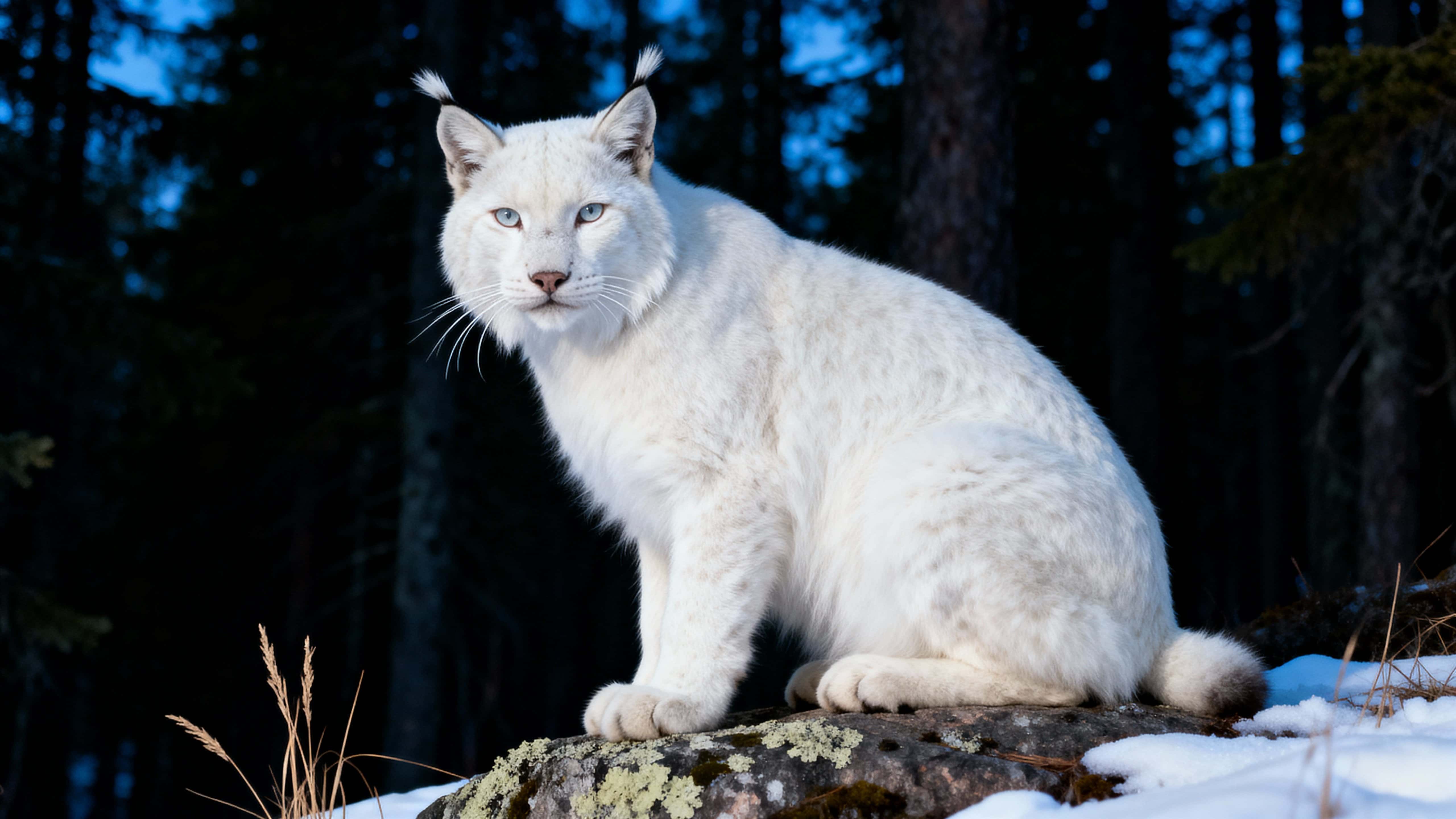 An albino lynx perches on a low rock at the edge of a shadowy boreal forest, its white fur and tufted ears framed by deep blue-green conifers and sparse snow.