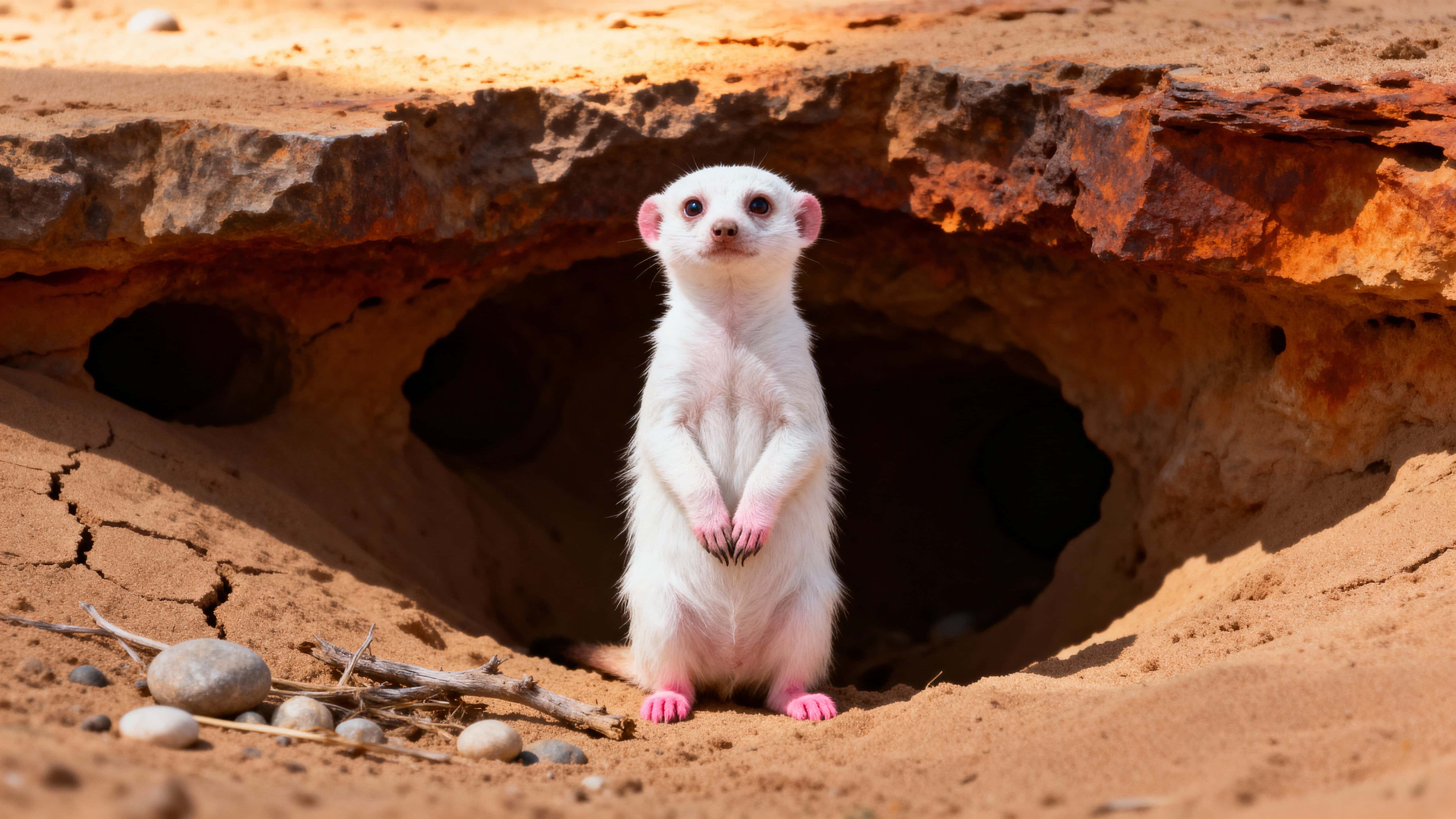 An albino meerkat stands upright at the rim of a sandy burrow in a sun-baked desert, alert and looking toward the viewer amid ocher rock shadows.