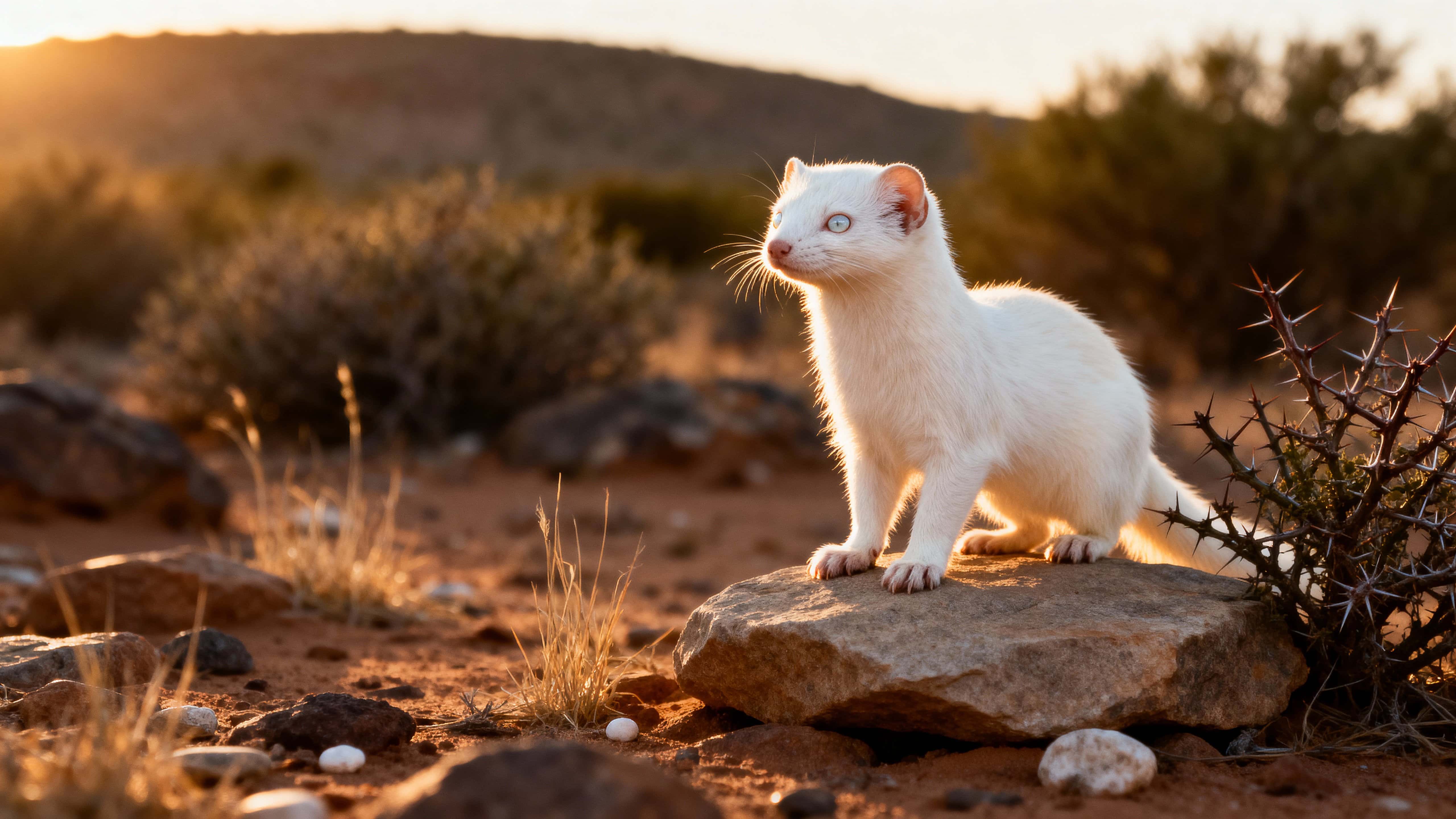 An albino mongoose stands alert on a flat sunlit rock in semi-desert scrubland, facing the viewer with pale eyes and perked ears amid dry grasses, thorny shrub, and warm brown-olive terrain.