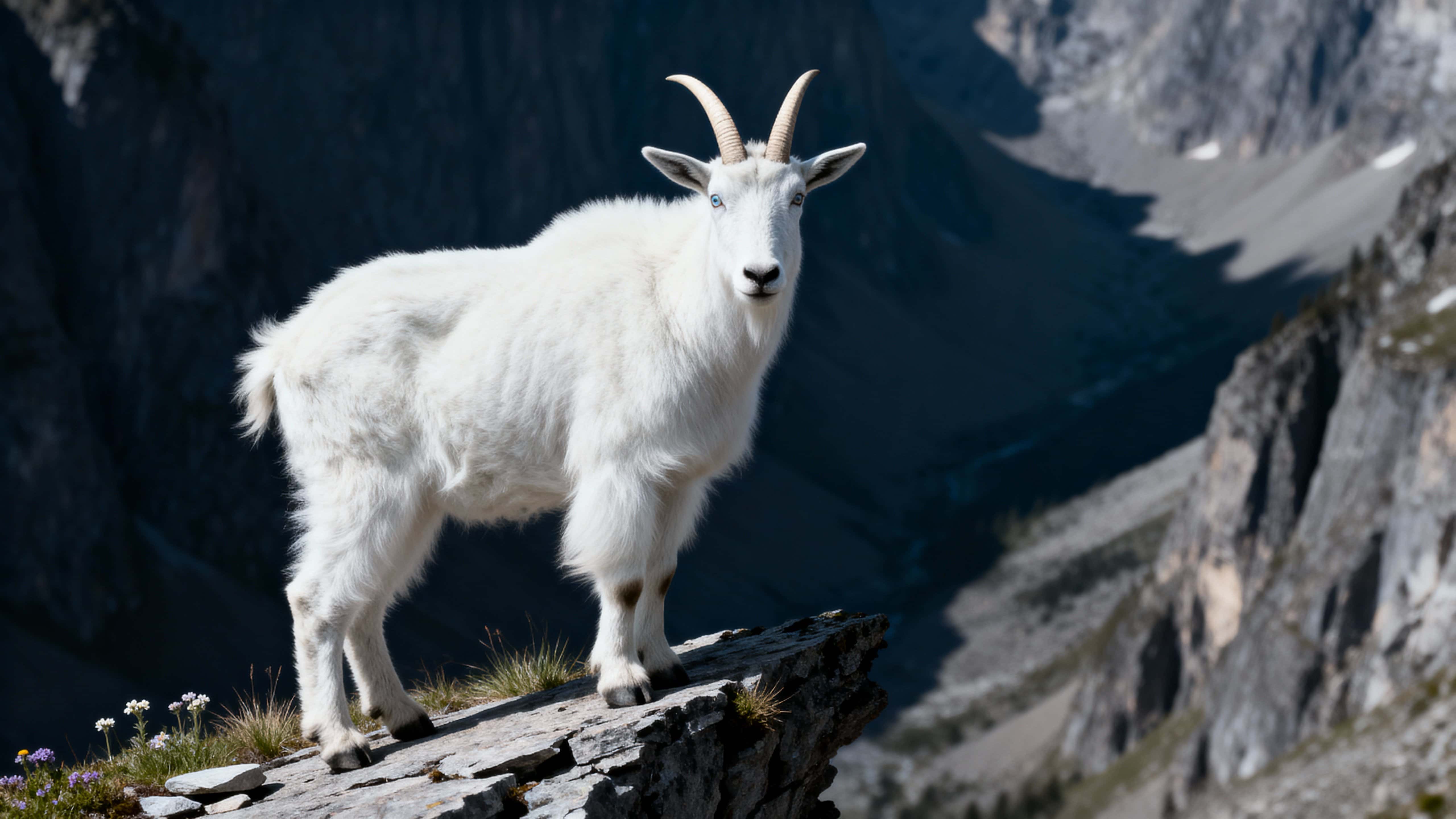 An albino mountain goat stands on a narrow jagged-rock ledge in an alpine cliffscape, staring toward the viewer as cool side light sculpts its white coat, pale horns, and the muted blue-gray ravines below.