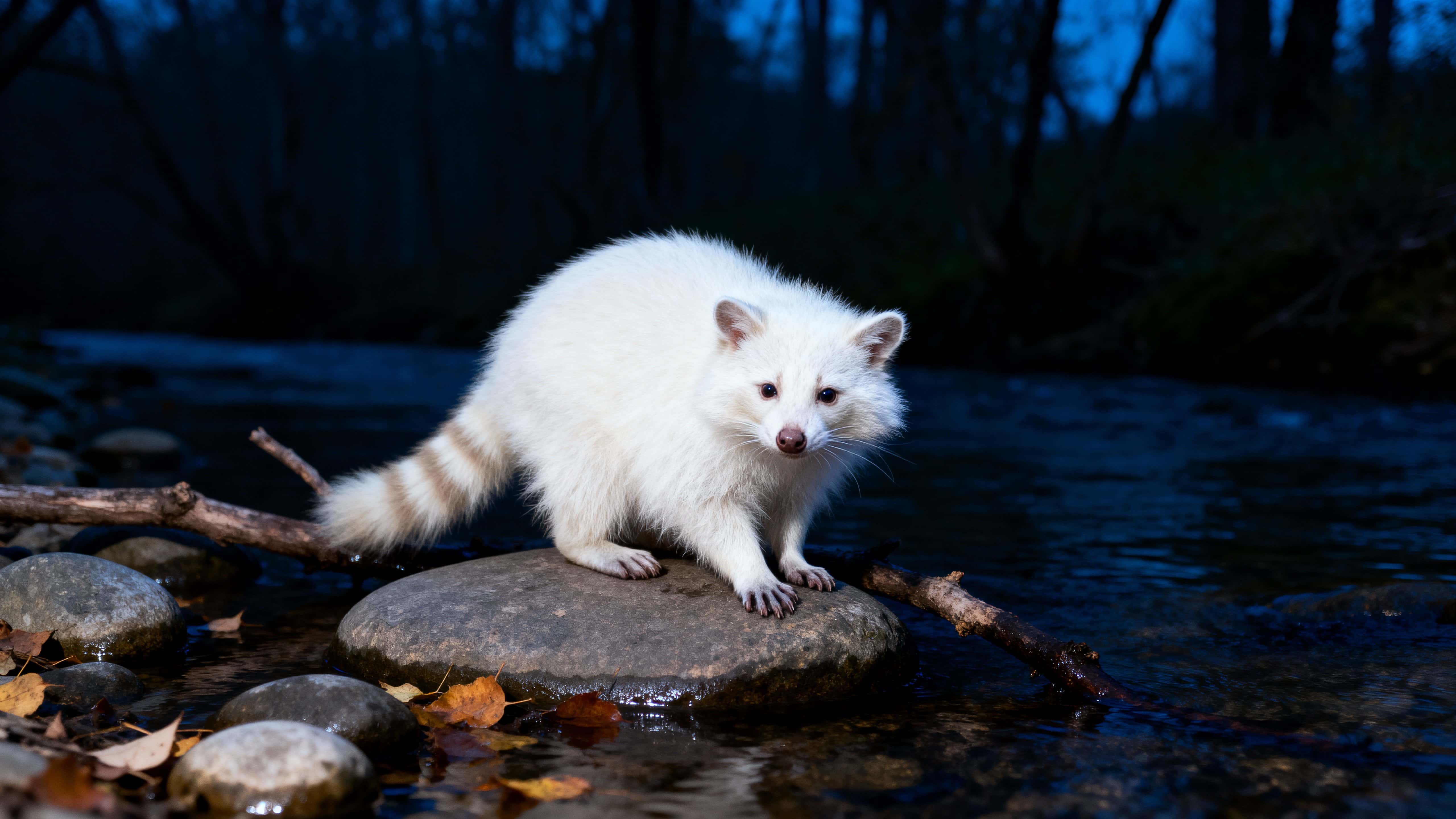An albino raccoon crouches on a flat river stone at dusk beside a woodland stream, white fur gleaming as it peers at the viewer amid wet stones, fallen leaves, and dark water.