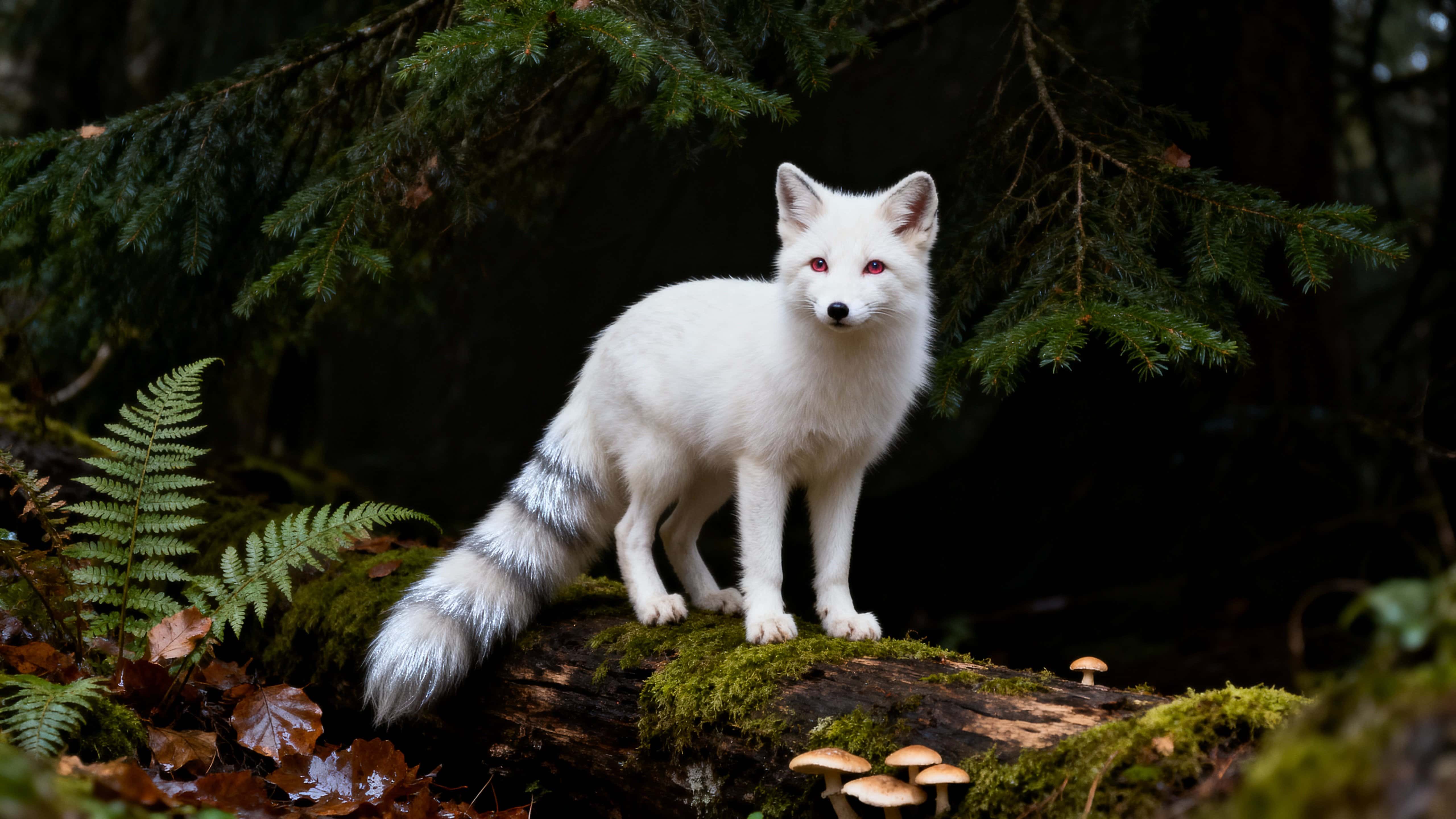 An albino red fox stands alert on a mossy fallen log in a dense temperate forest, gazing with curious ruby eyes amid ferns, damp leaves, and small mushrooms against deep evergreen shadows.