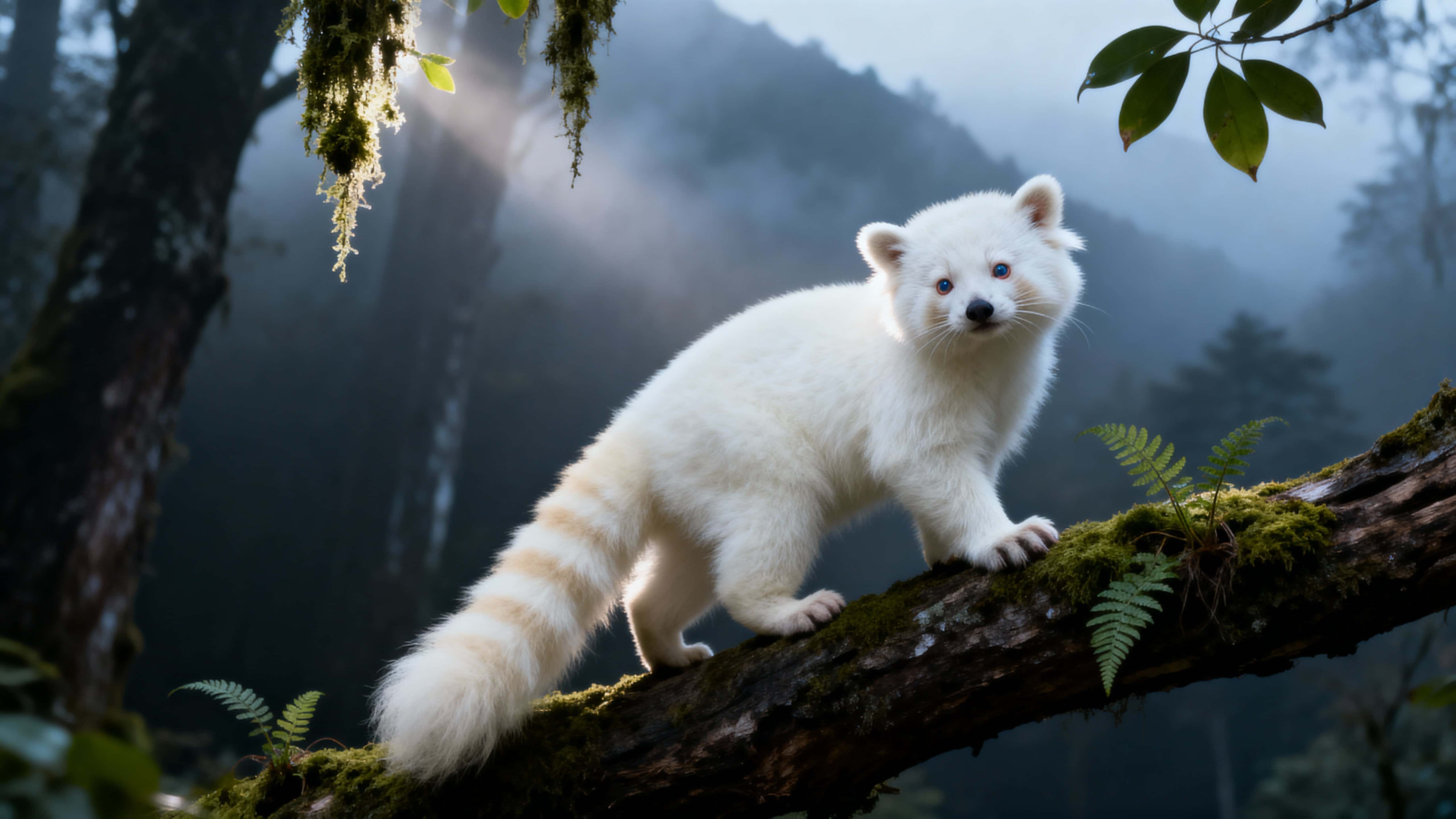 An albino red panda balances on a mossy tree branch in a misty temperate mountain forest, its fluffy white coat and faint cream-ringed tail contrasting with layered trunks, drifting fog, and cool gray-green shadows while it gazes at the beh