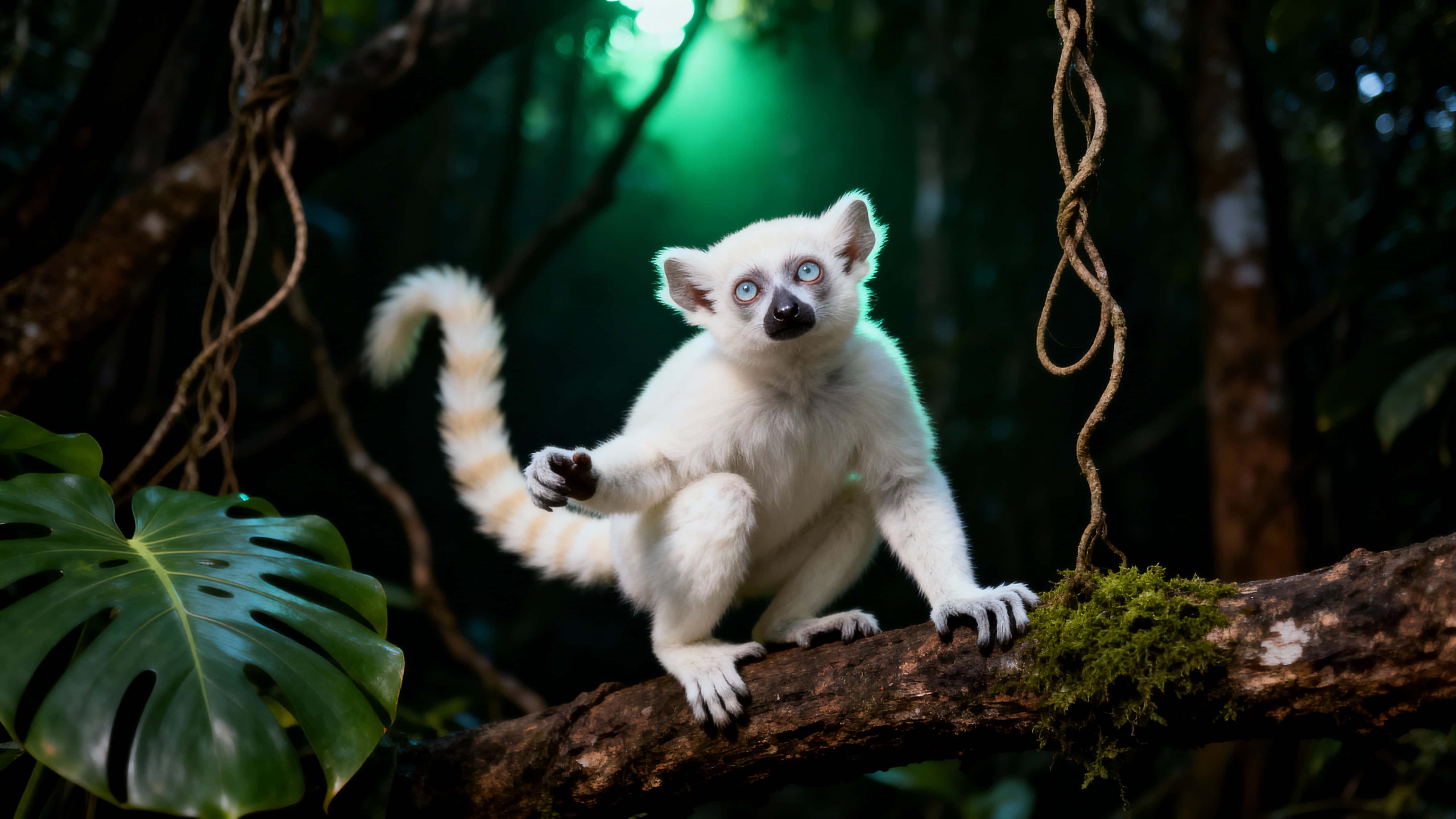 An albino ring-tailed lemur crouches on a thick branch in a dim Madagascar forest, its white fur and faint cream-ringed tail highlighted by cool green canopy light.