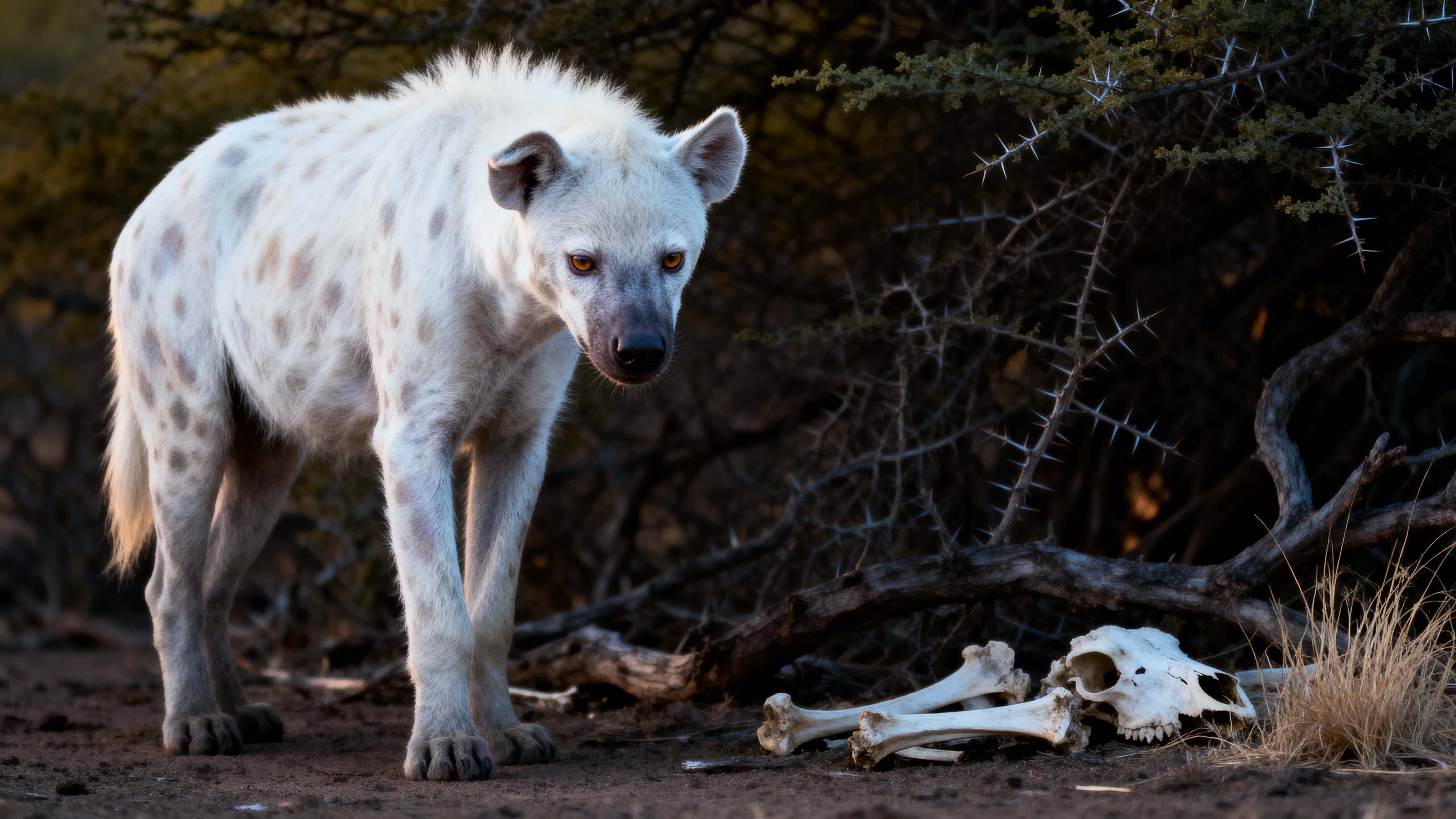 An albino spotted hyena stands on bare earth near a scrubby acacia thicket, facing the viewer with pale amber eyes amid dry branches and muted olive-brown shrub shadows.