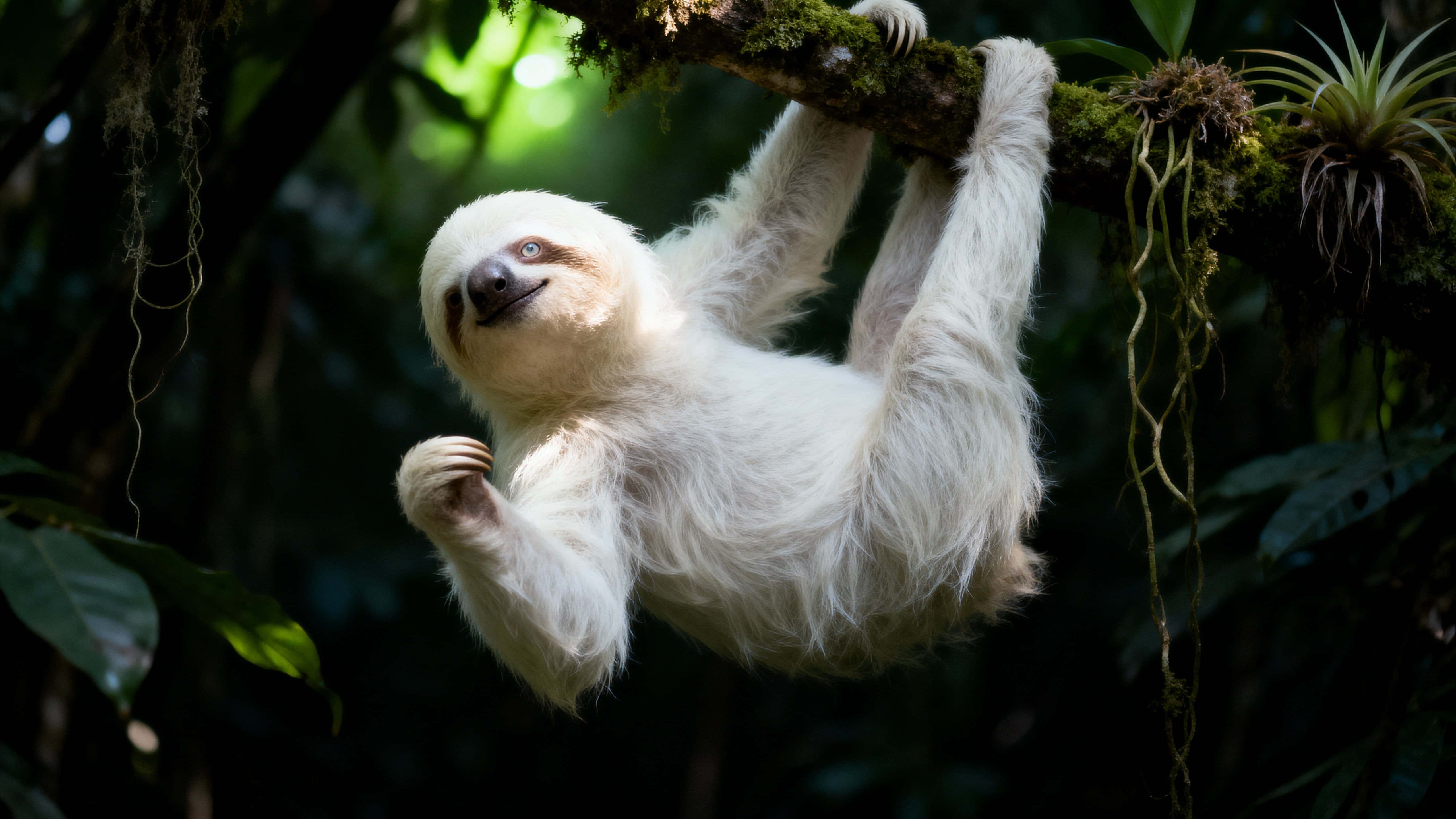 An albino three-toed sloth hangs from a mossy branch in the dim mid-level tropical canopy, its shaggy white fur and pale eyes touched by soft green-tinted light as deep emerald foliage recedes.