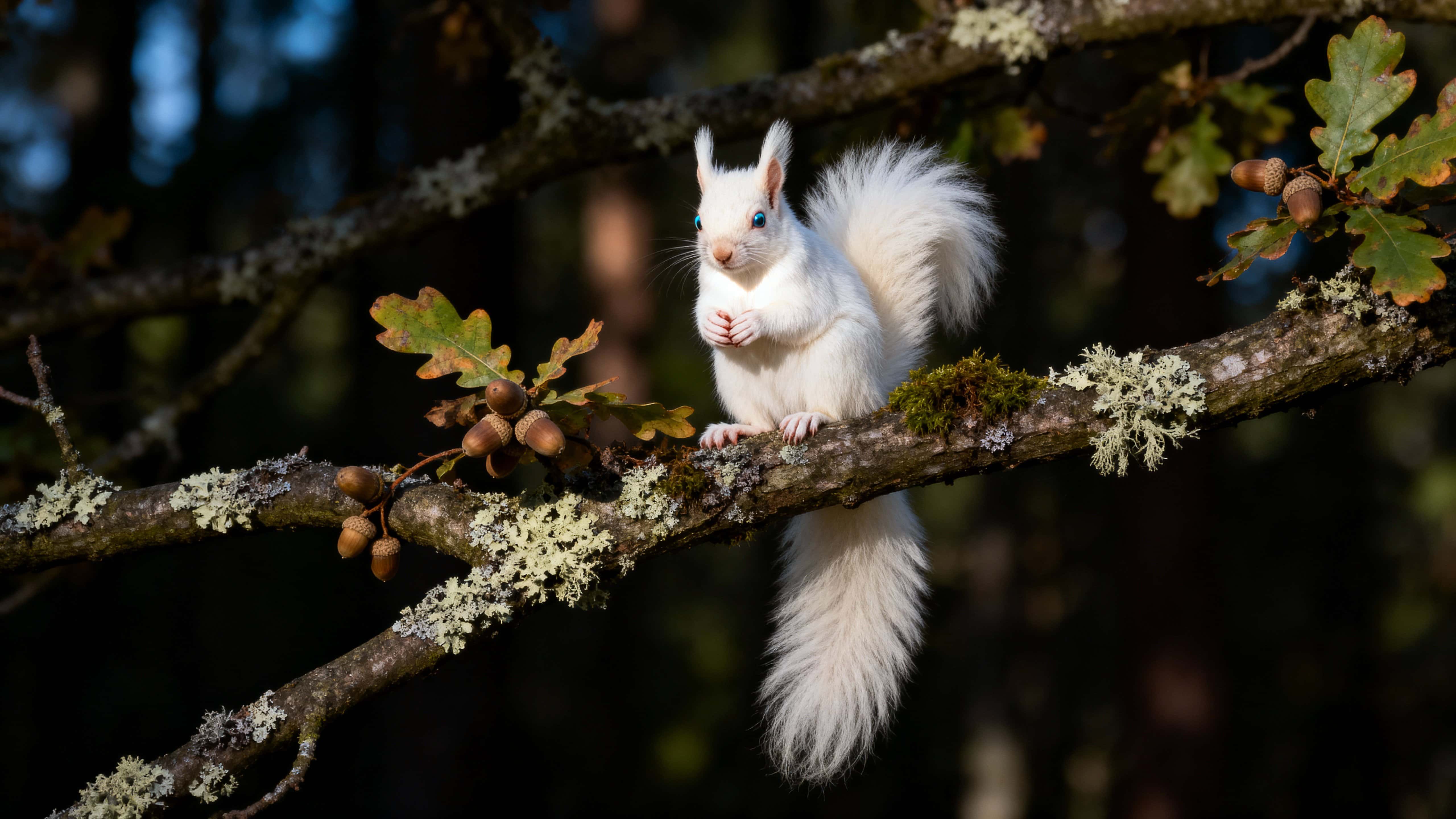 An albino tree squirrel perches on a lichen-dusted branch in a shadowy temperate forest, facing the viewer with curled white tail, pale fur and attentive ears against deep green-brown foliage.