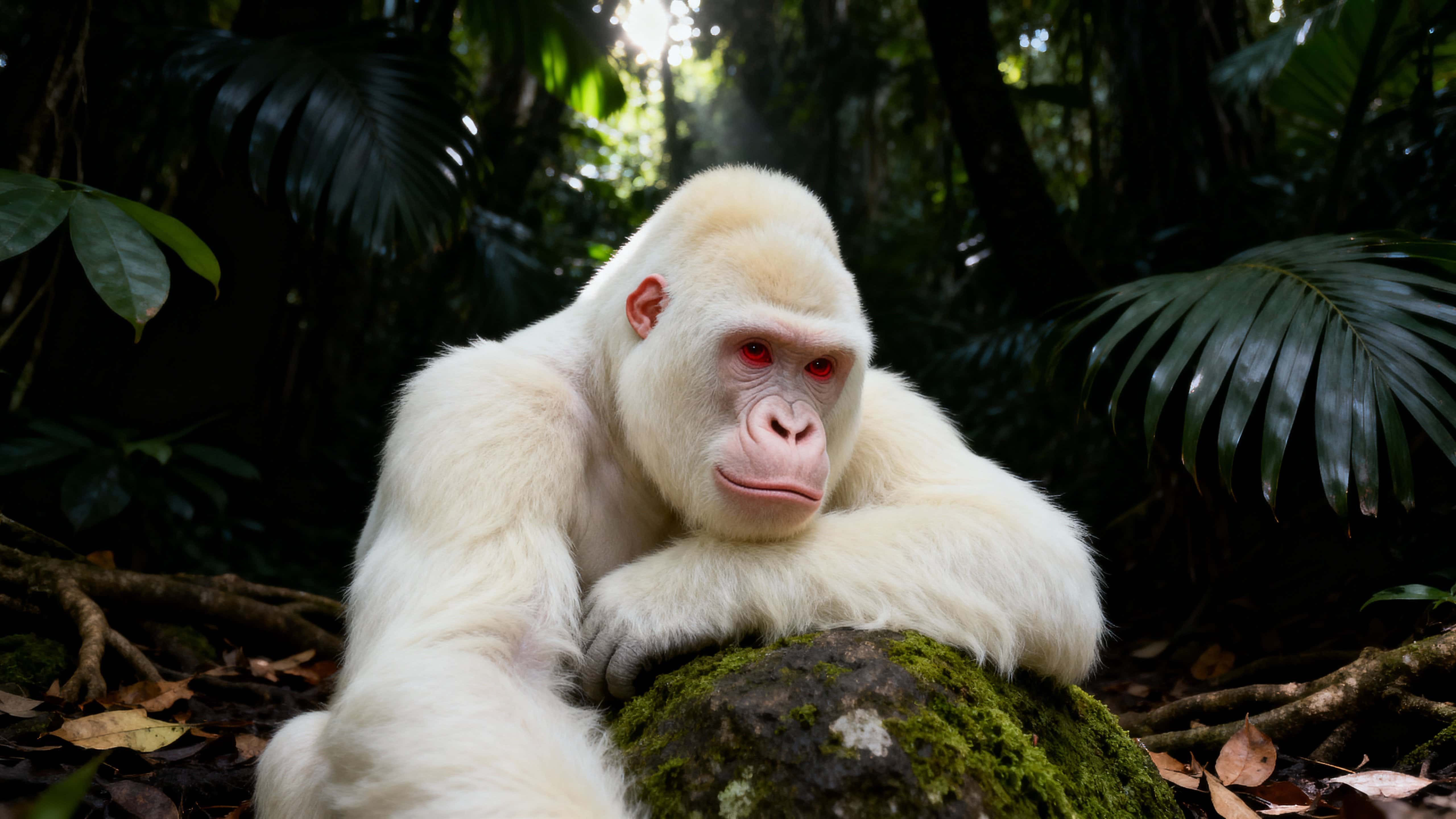 A creamy-white albino western lowland gorilla sits on a moss-covered boulder in a dense rainforest, staring gently at the viewer amid drooping tropical leaves and deep emerald shadows.