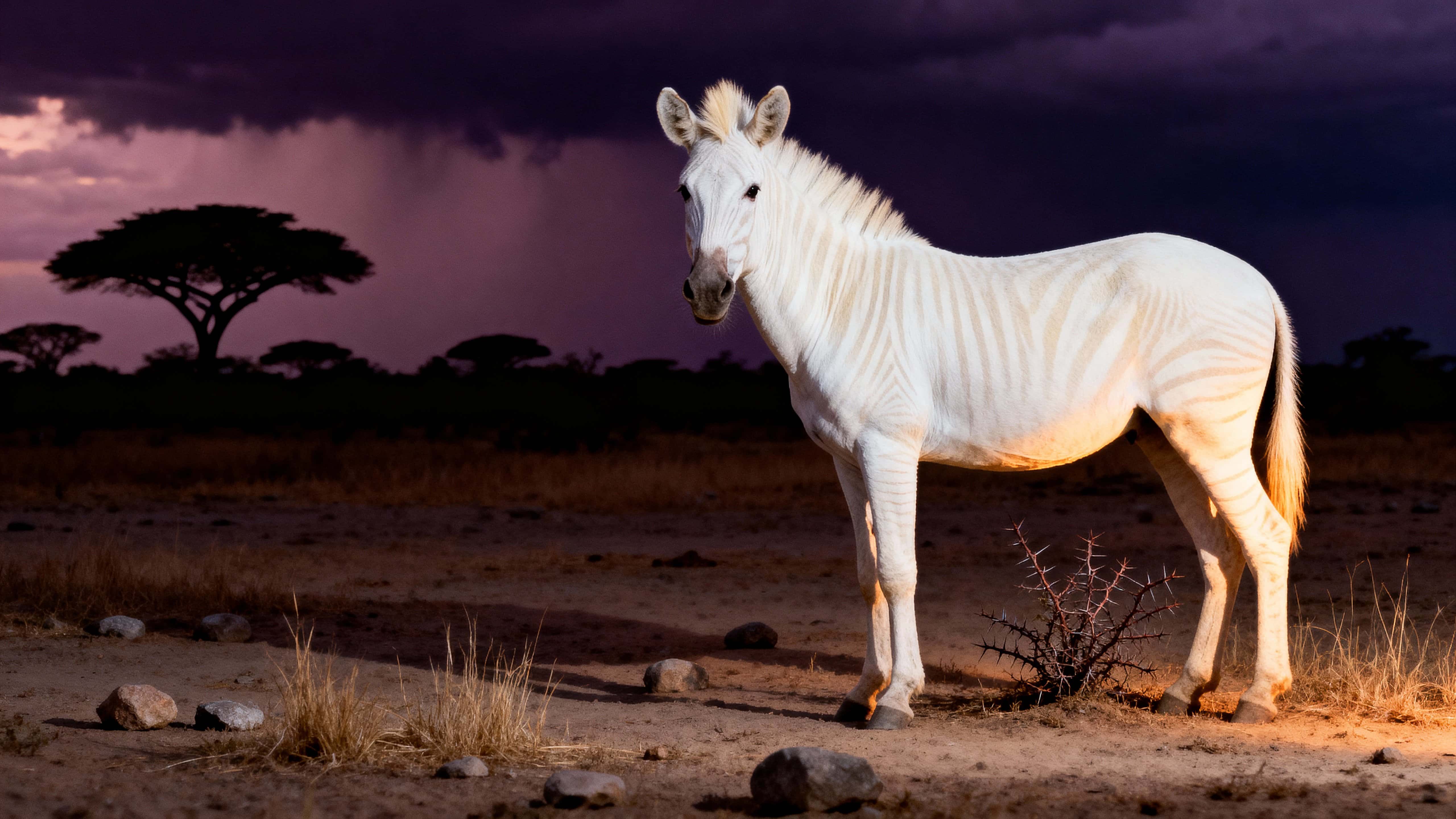 An albino zebra with very faint cream stripes and a short pale mane stands on a dusty African plain at dusk, staring toward the viewer amid dry grass and distant acacia silhouettes.