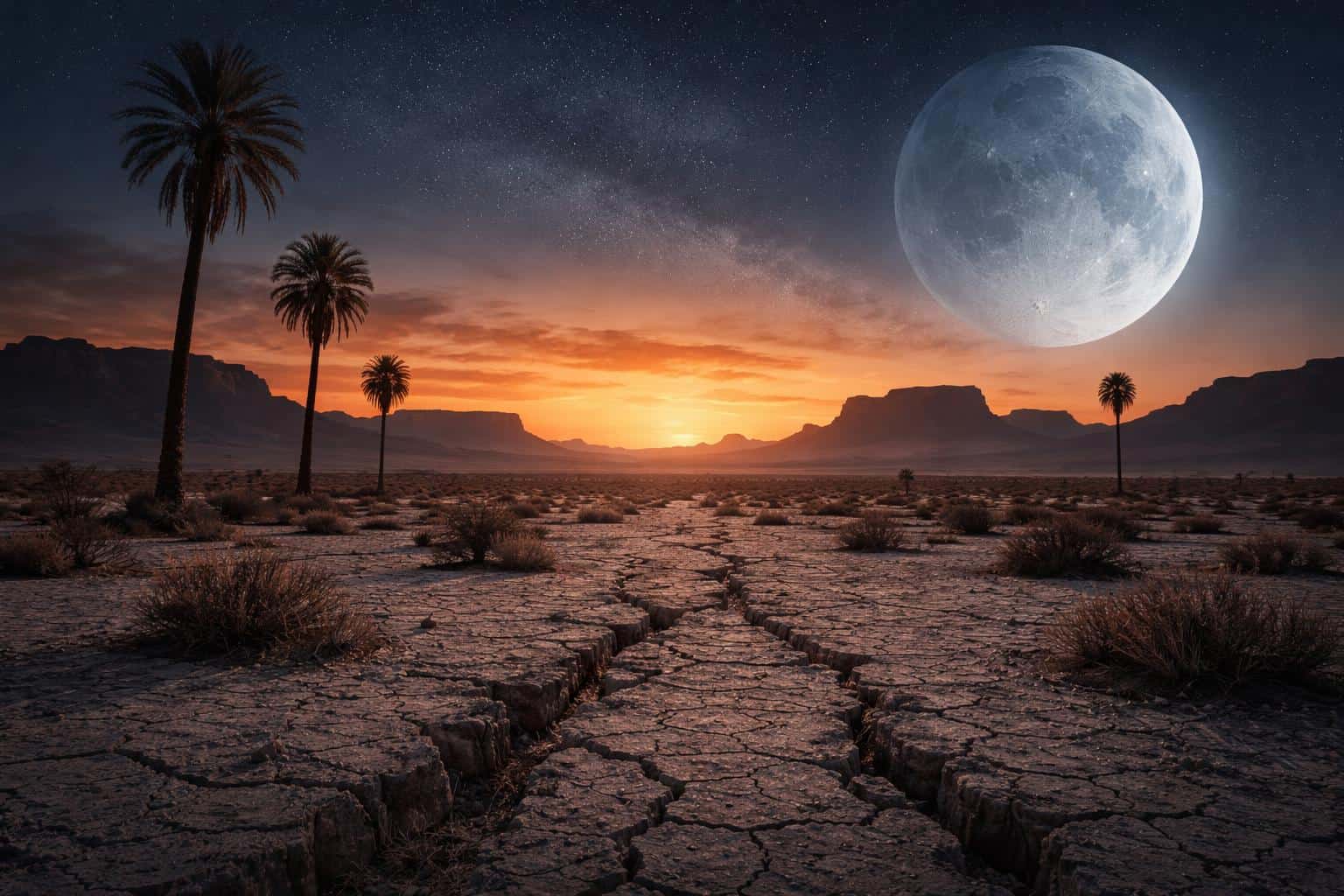 A 3:2 matte-style digital painting of a cracked desert plain at dusk with a giant luminous moon over distant mesas, composed for a widescreen poster image.