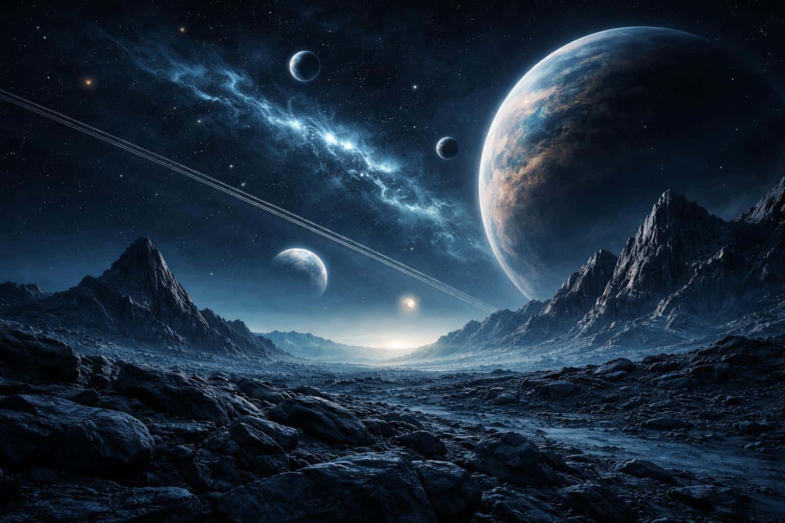 Detailed digital painting of a rocky alien world under a cosmic sky featuring massive planets and glowing nebulae, ideal for sci-fi concept art backgrounds.
