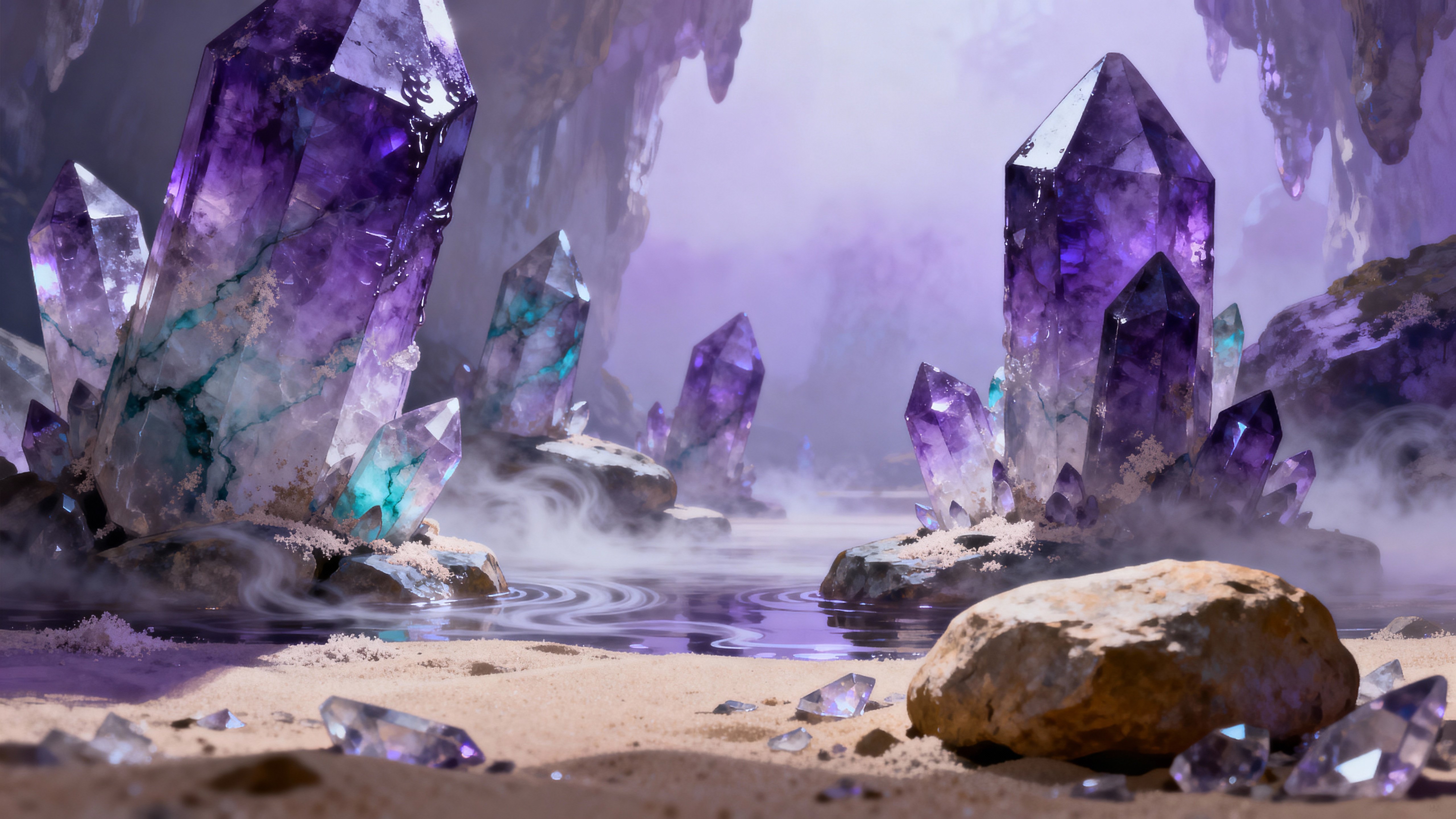A neon-lit cave filled with jagged amethyst formations and low fog pooling at the base, rendered as a moody, otherworldly interior vignette in widescreen 16:9 format.