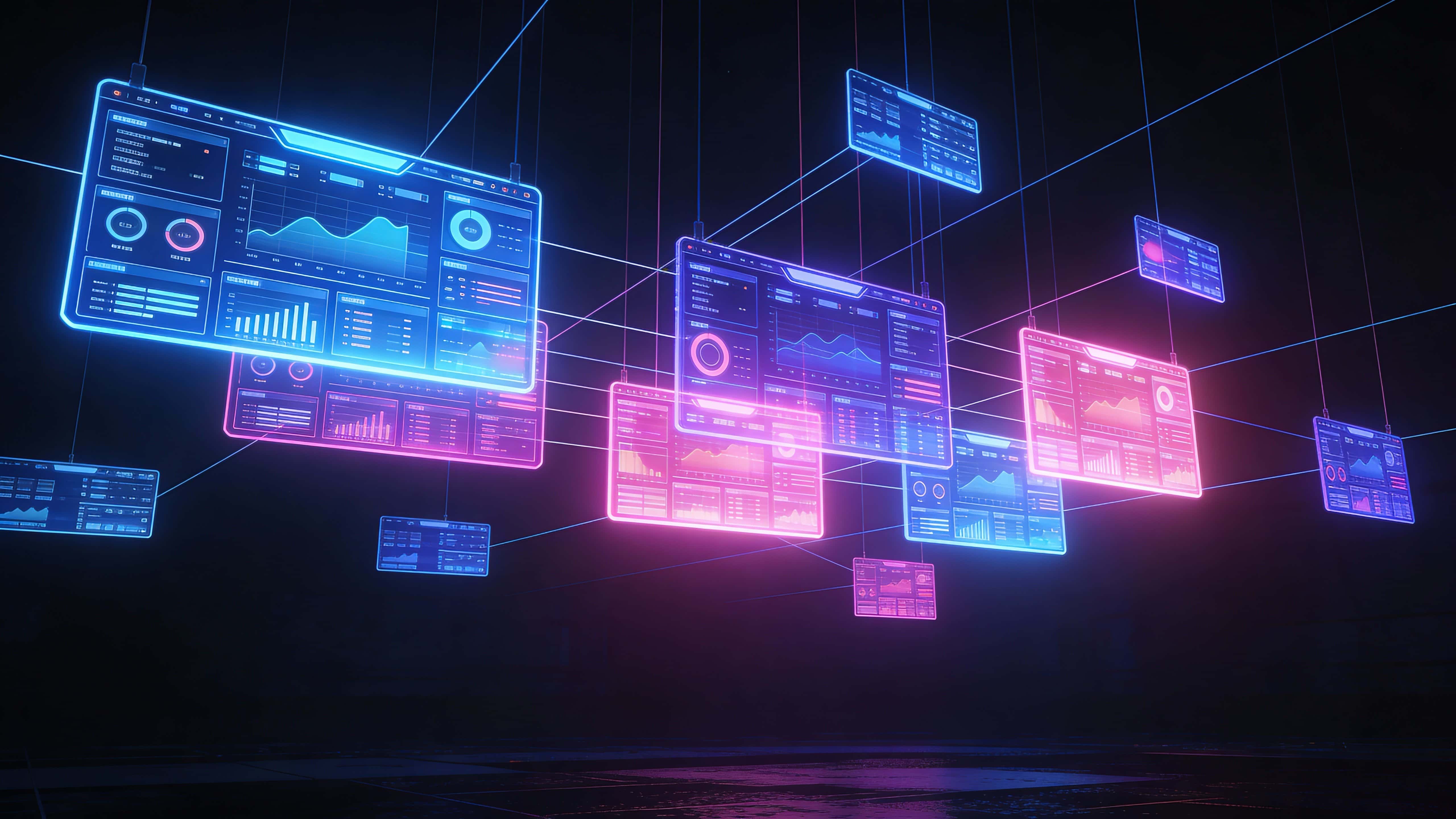 A deserted futuristic analytics control room framed in 16:9, with a large suspended array of neon-blue and electric-pink dashboards floating in darkness, linked by thin pulsing lines into a holographic network.