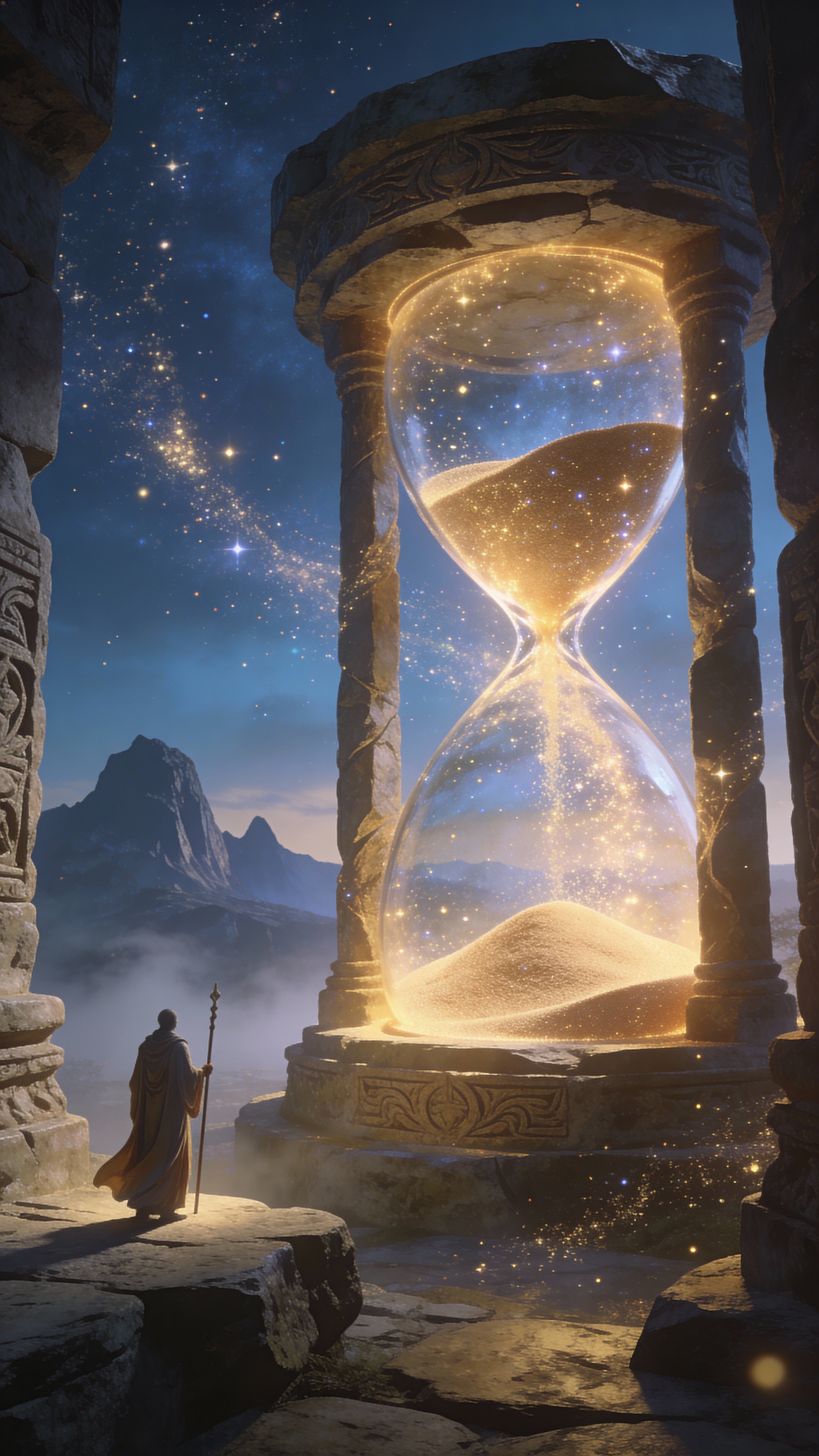 An ancient stone hourglass glows with divine light in a mythic surreal landscape as stardust sand flows endlessly and a lone figure approaches like a solemn timekeeper in a vertical 9:16 frame.