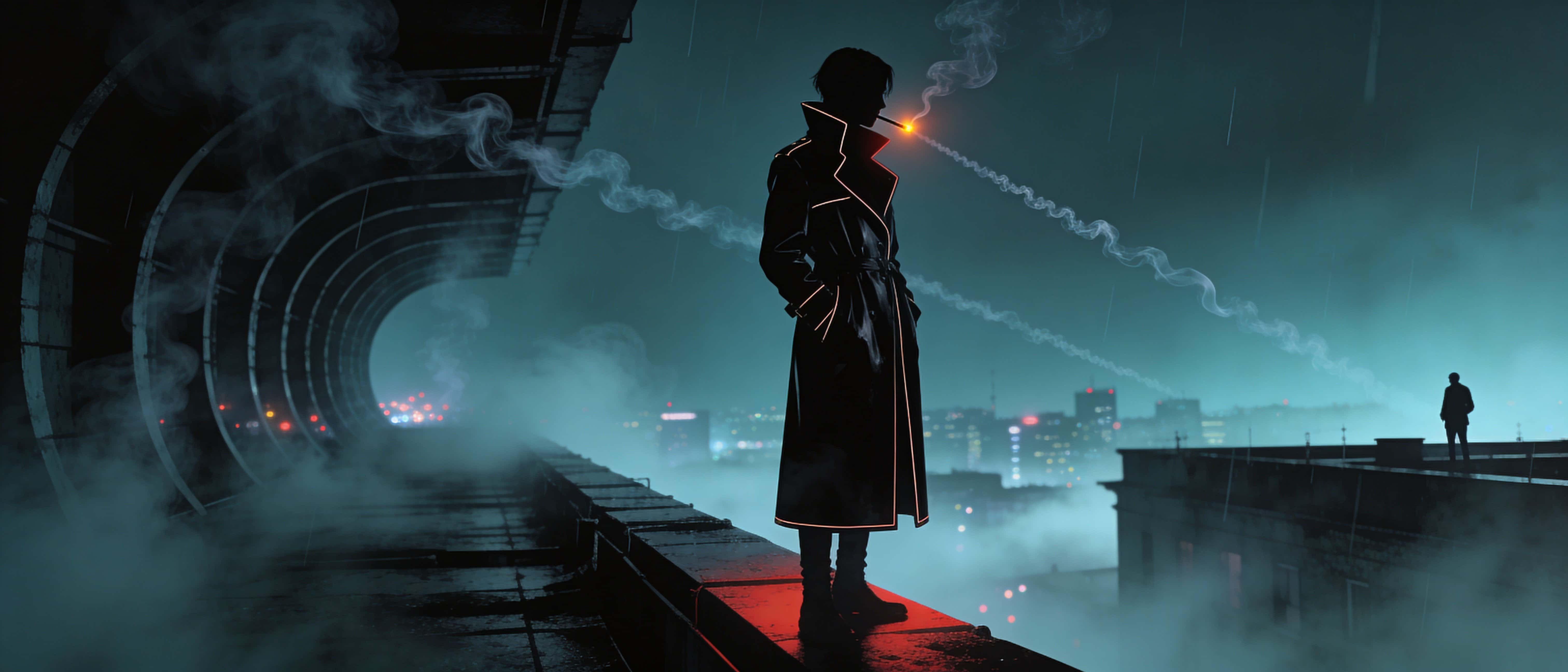 Ultra-wide 21:9 cinematic rooftop scene with a lone androgynous figure at the far right, matte-black trench, cigarette ember and smoke diagonals over a foggy bokeh skyline.