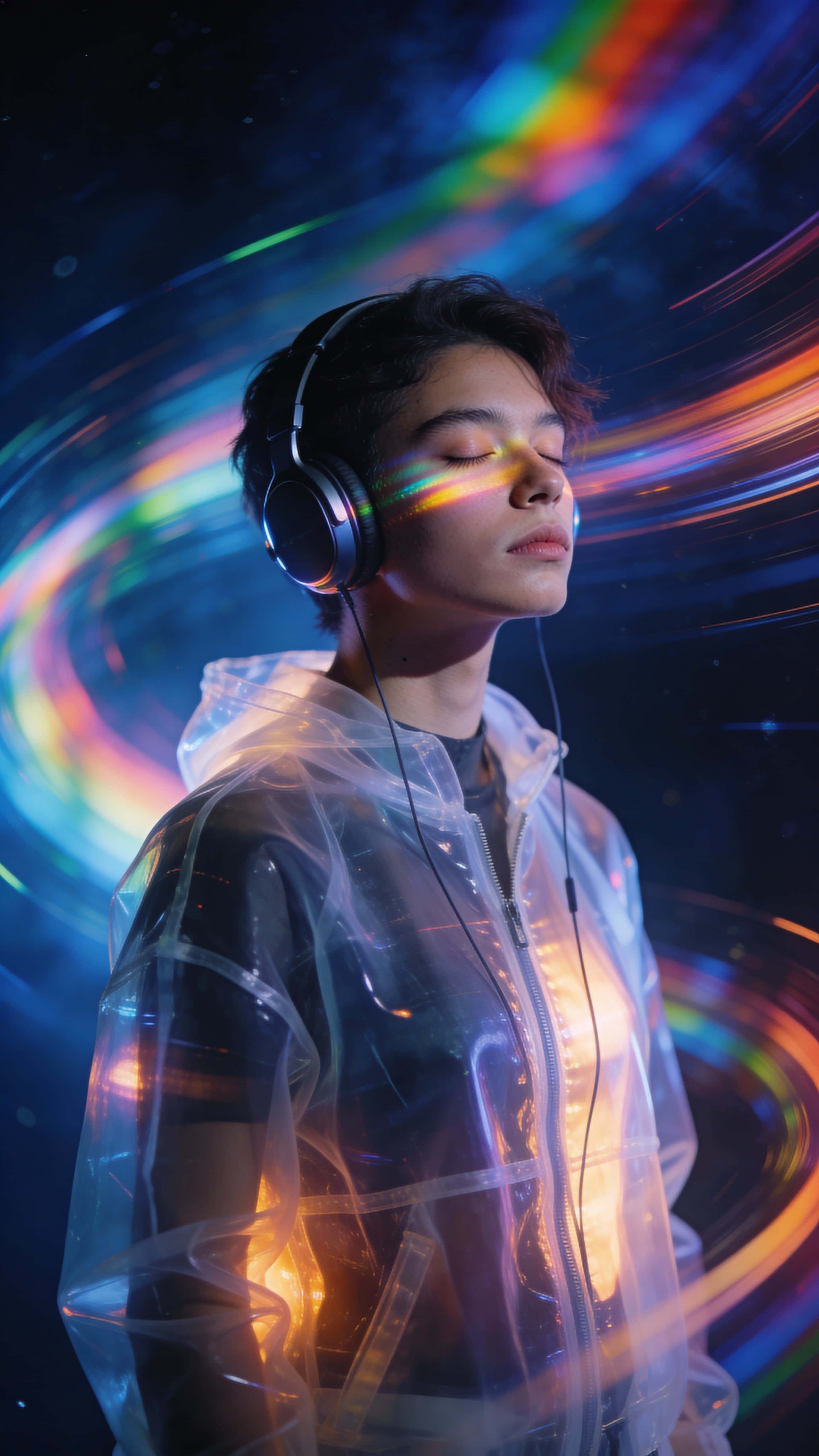 An androgynous figure with modern headphones stands slightly off-center in a 9:16 dark-blue space of flowing rainbow streaks, wearing a translucent jacket with warm inner glow and a peaceful, focused expression.