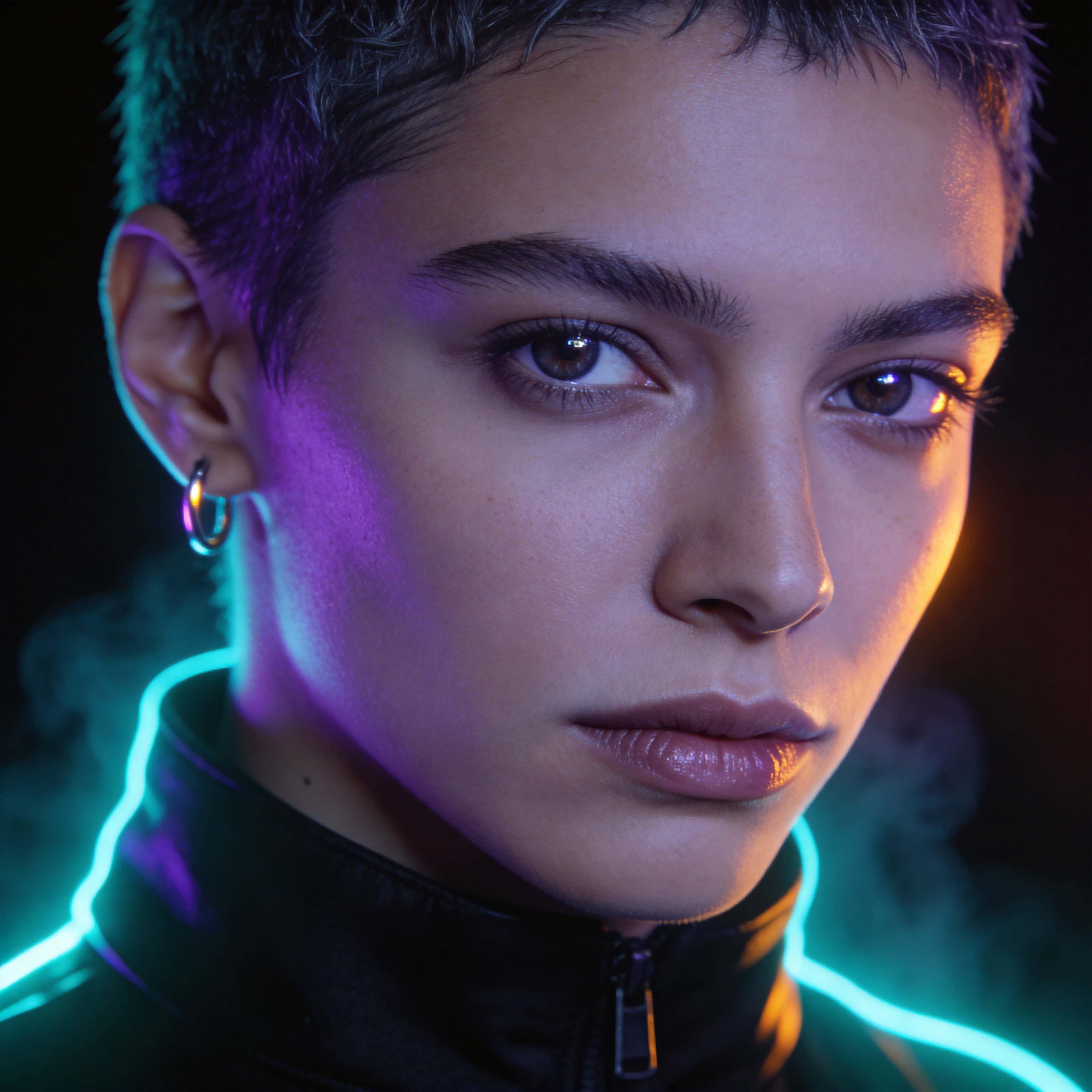 Androgynous late-20s portrait in a 1:1 square, strong cyan-neon rim and violet midtones, warm amber edge, matte black high-collar jacket, calm intense gaze.