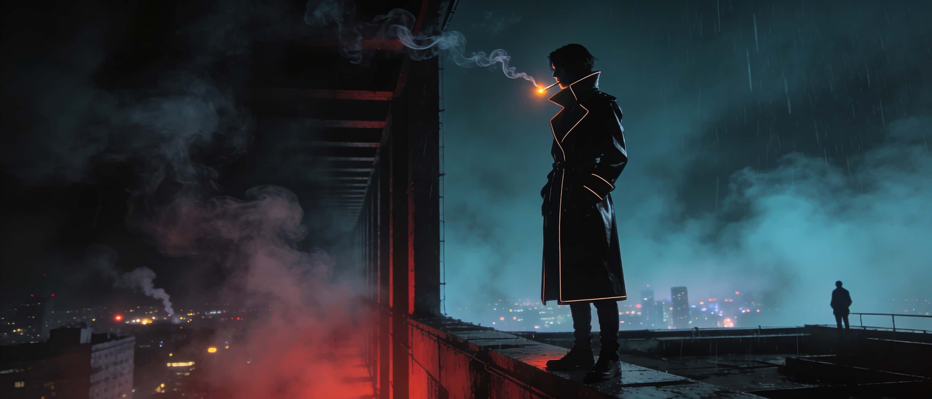 Ultra-wide 21:9 cinematic panorama of a lone androgynous figure on a rooftop ledge at night, rim-lit trench coat and cigarette ember amid drifting smoke, fog, and distant city glow.
