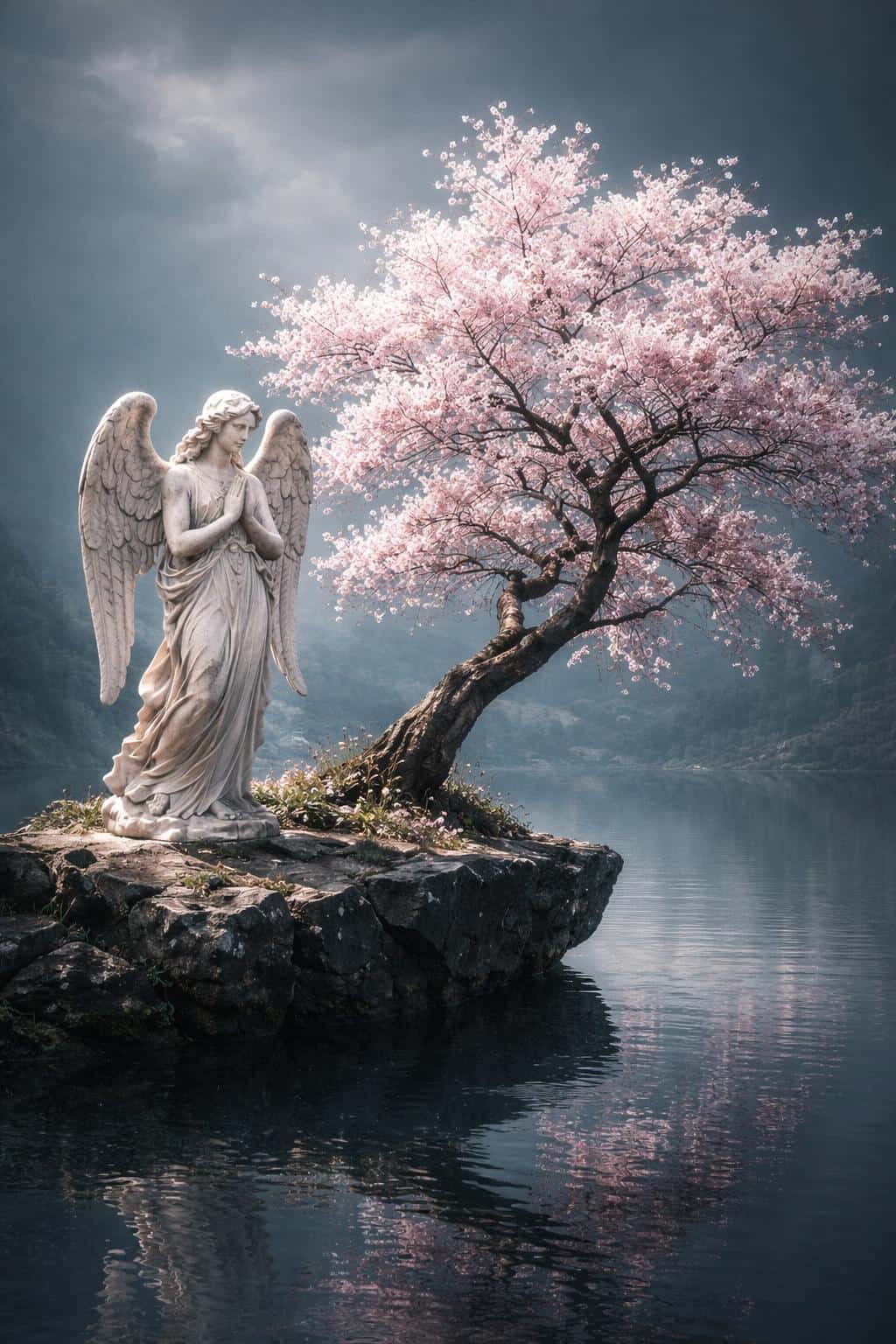 Surreal 3D-render of a marble angel beside a blooming cherry tree on a floating rock, vertical 2:3 composition suitable for poster-cover or wallpaper use.