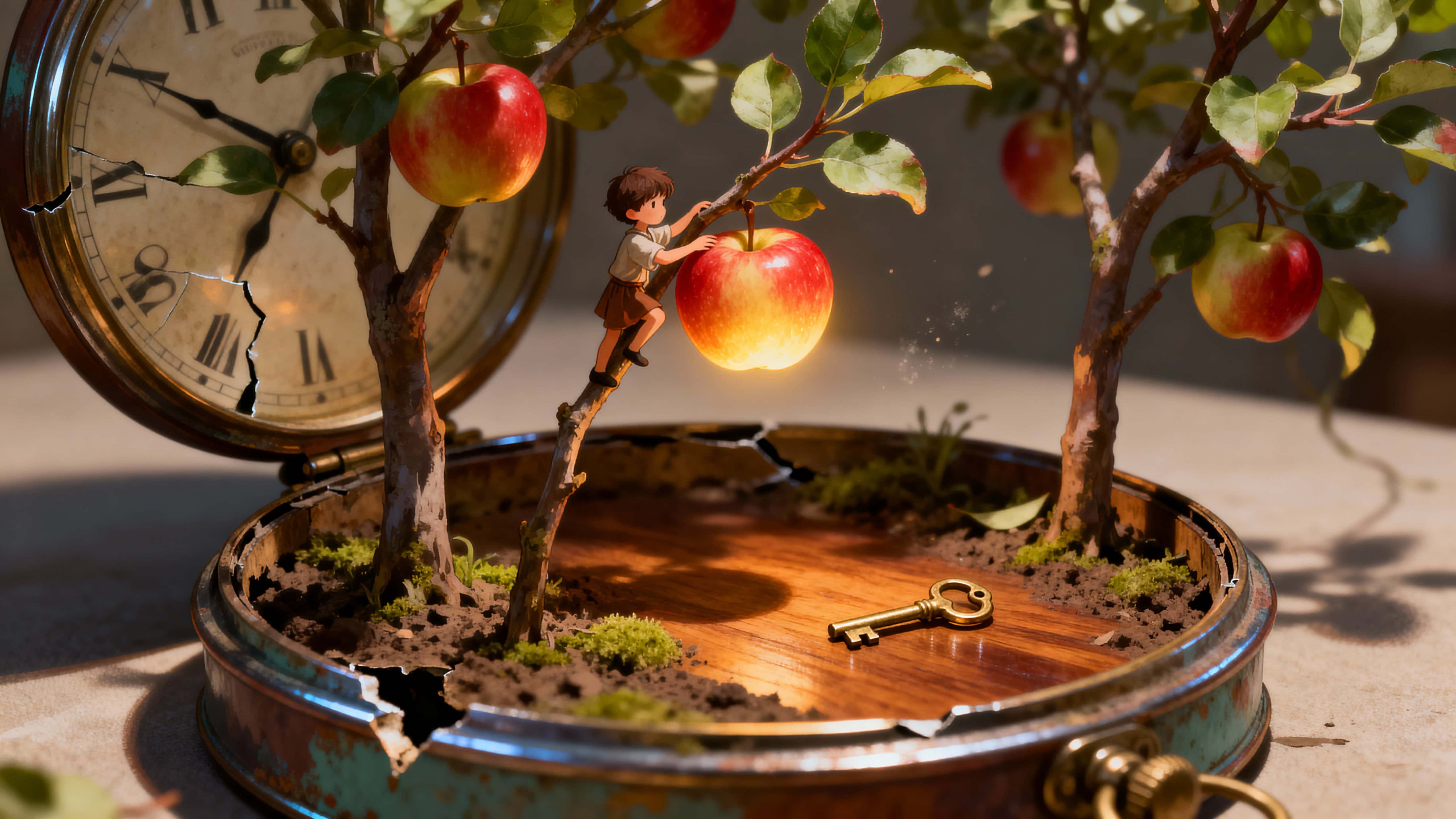 A cracked antique clock with its gears removed reveals a tiny sunlit orchard of miniature apple trees nestled inside the case, while a small child climbs a branch and reaches for a single glowing fruit.