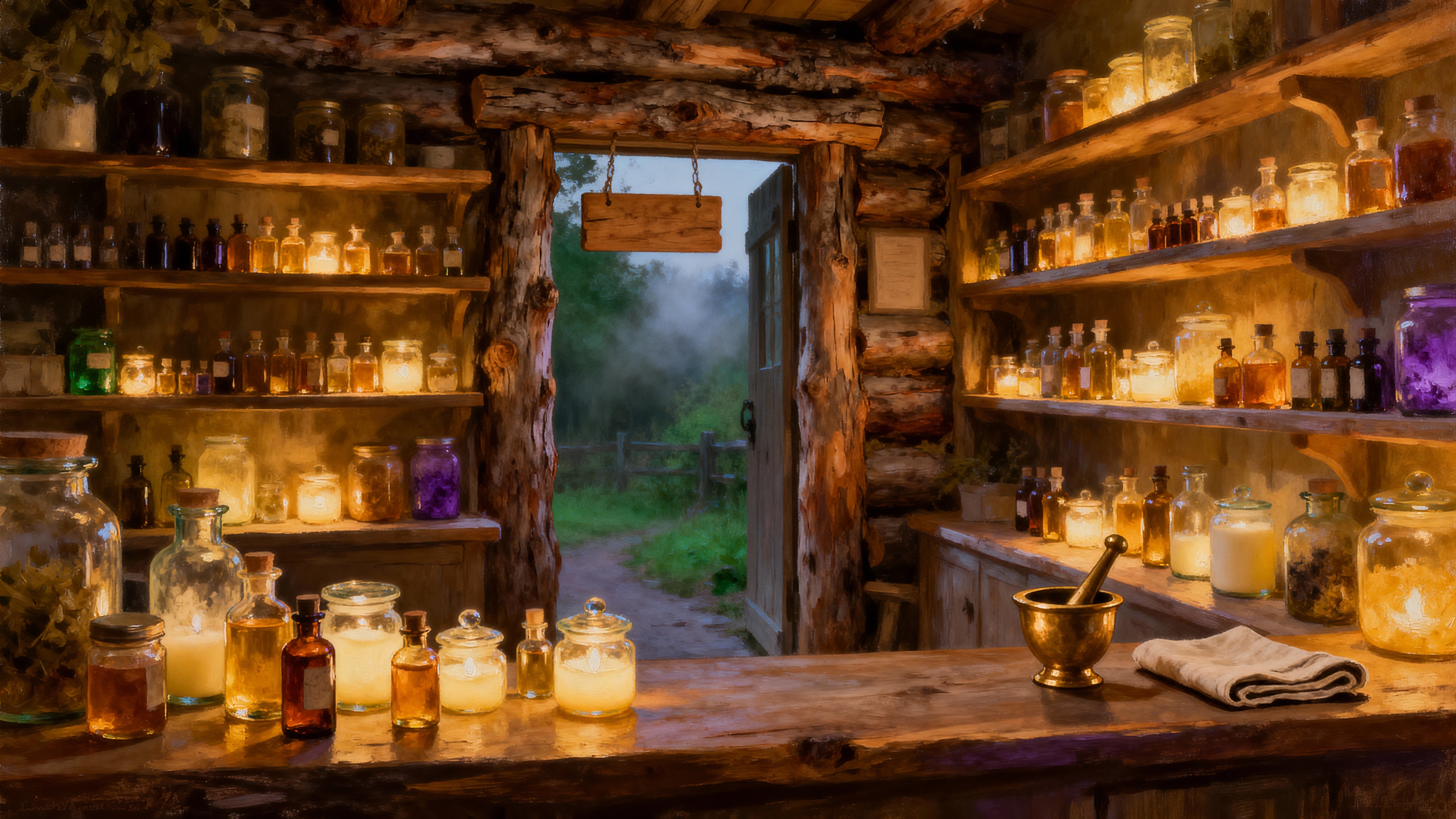A cozy log storefront with shelves packed with tiny bottles and softly glowing jars, and a small wooden sign swinging outside the log entrance under warm evening light.