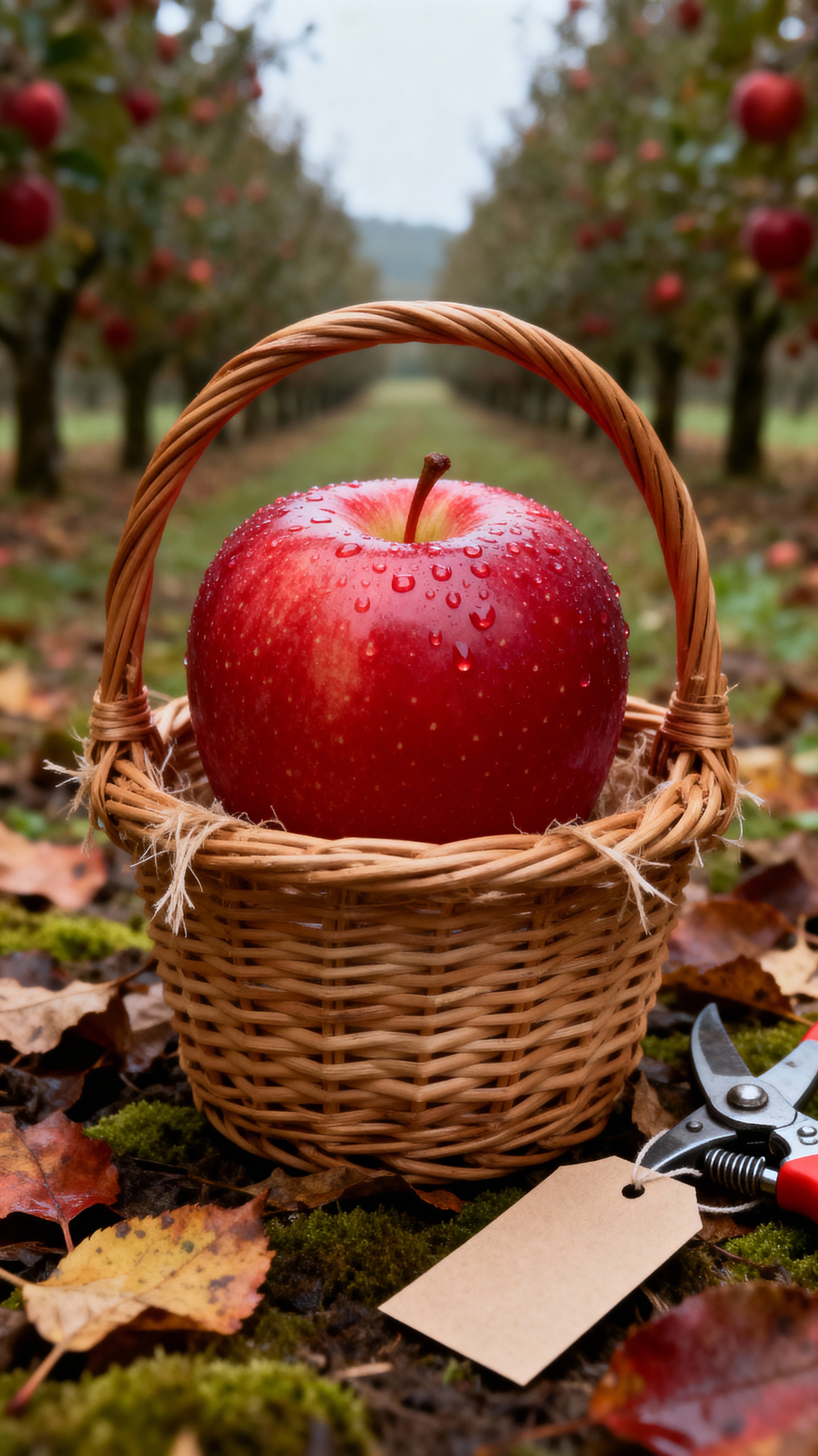 A polished apple peeks from a wicker basket on fallen leaves at an orchard row, tactile skin and dew with medium DOF, slight high vantage, tight vertical framing and props, graded toward crisp red, mossy green, warm brown and soft gray with