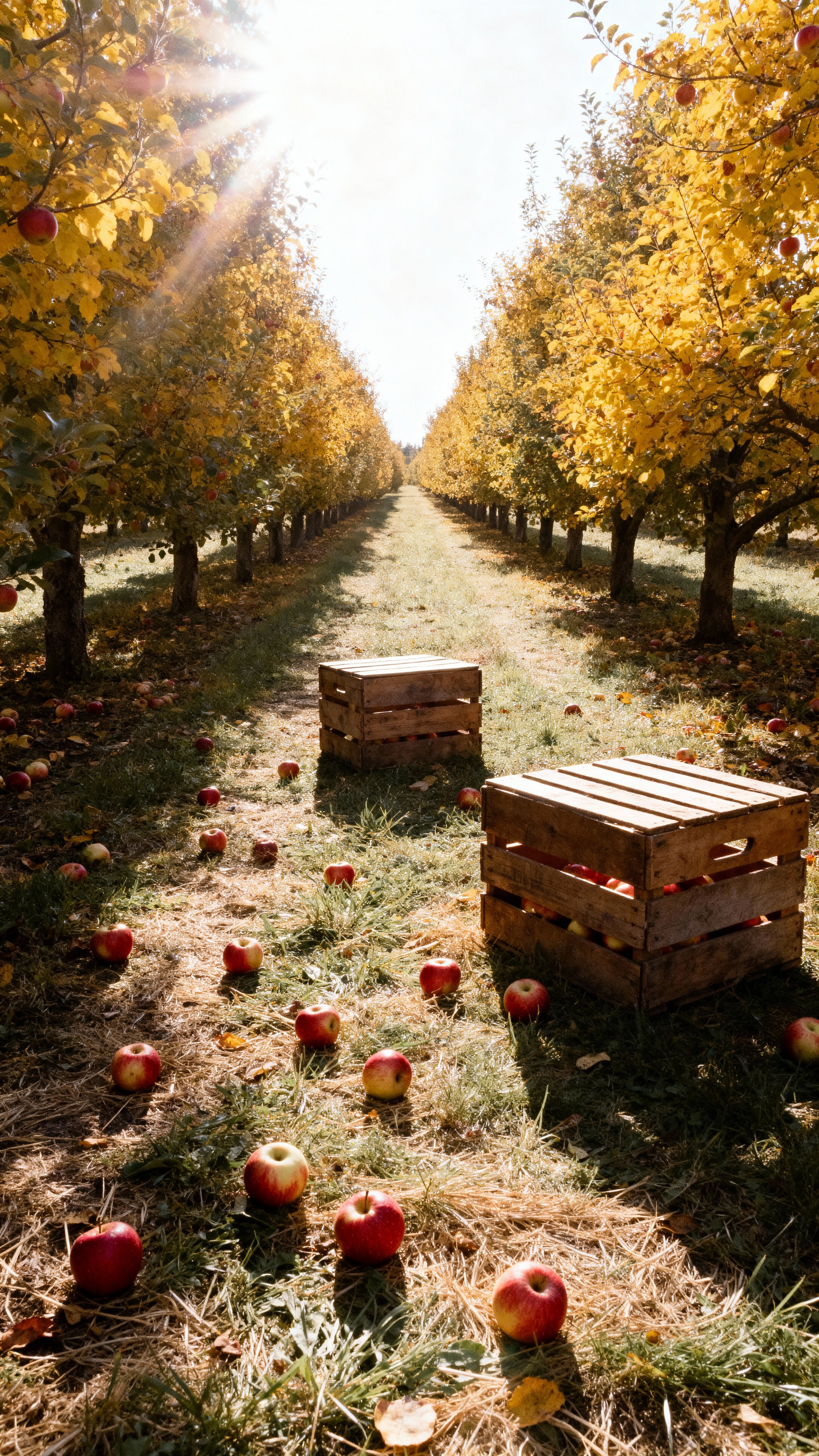 A long central aisle through an apple orchard with yellowing leaves, scattered crates and apples, crunchy grass texture and a warm sun flare at top center; apple-red, olive, straw and warm-white tones.