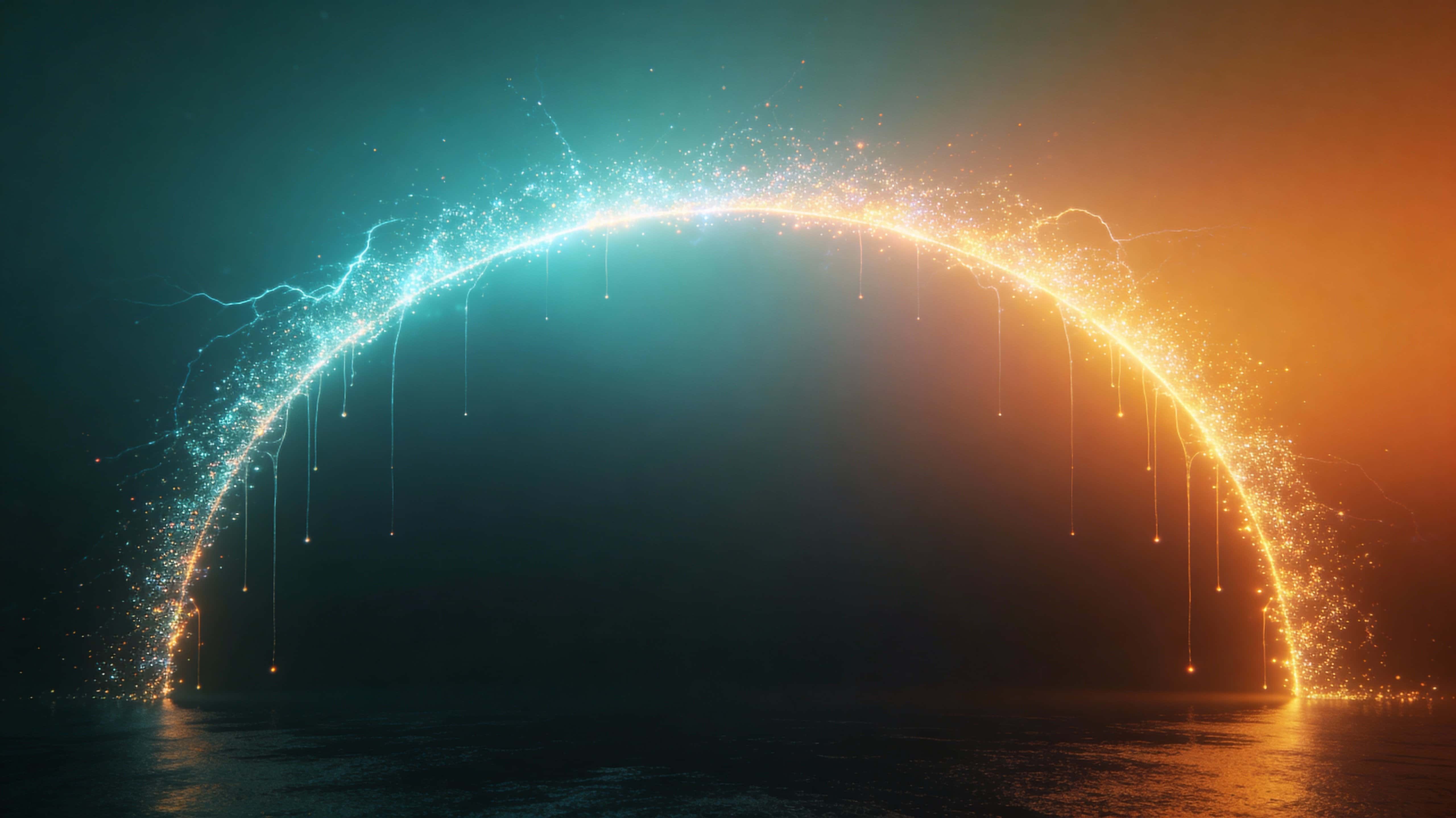 A luminous half-ring of shimmering particles arcs across the upper frame, shifting from cool aqua to warm tangerine with thin dripping threads and a soft surrounding glow.
