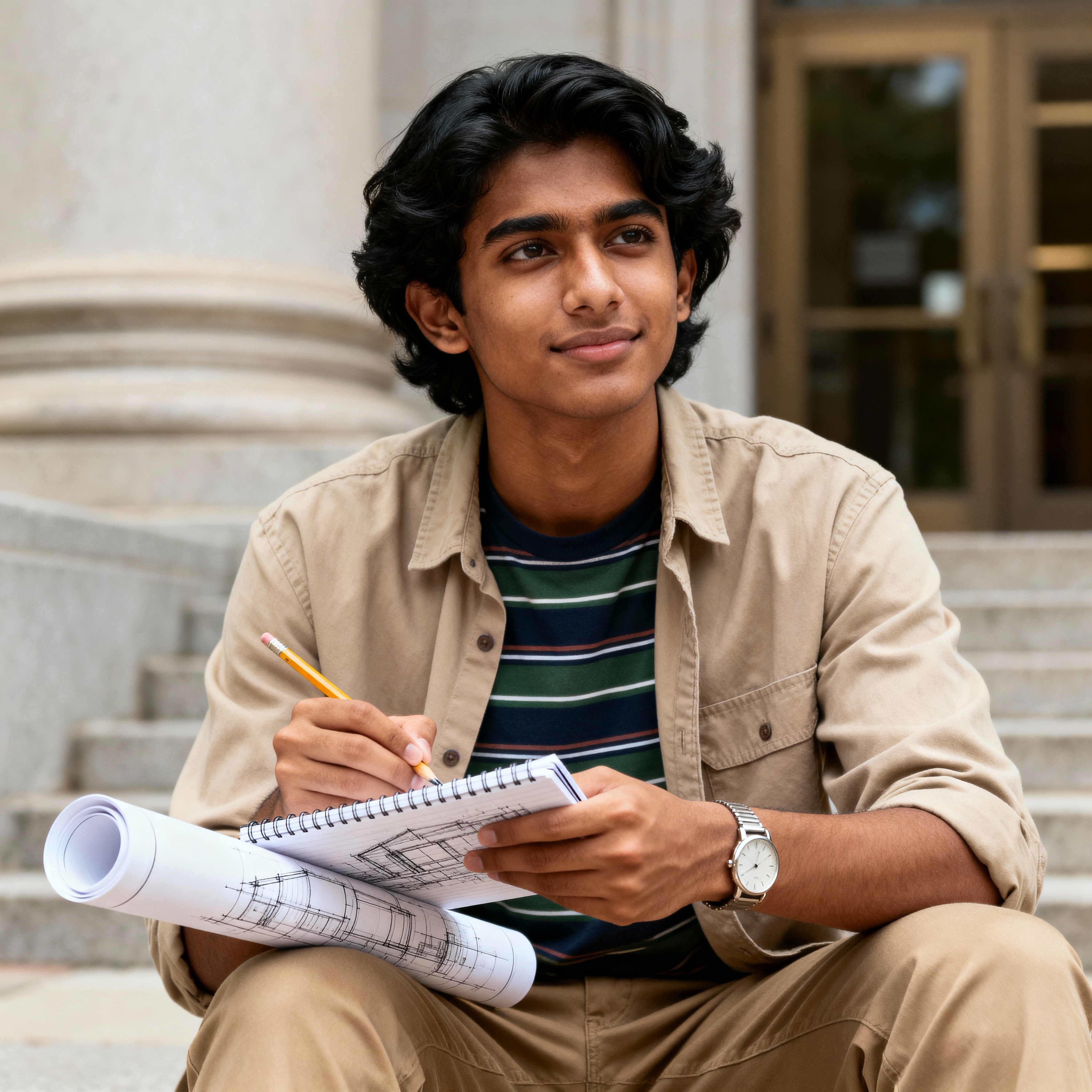 A 19-year-old Indian American architecture student sketches outside a Boston stone library, warm-medium skin and wavy black hair, beige overshirt, navy striped tee, olive chinos, blurred light-gray facade, half-body editorial focusing on顔 и