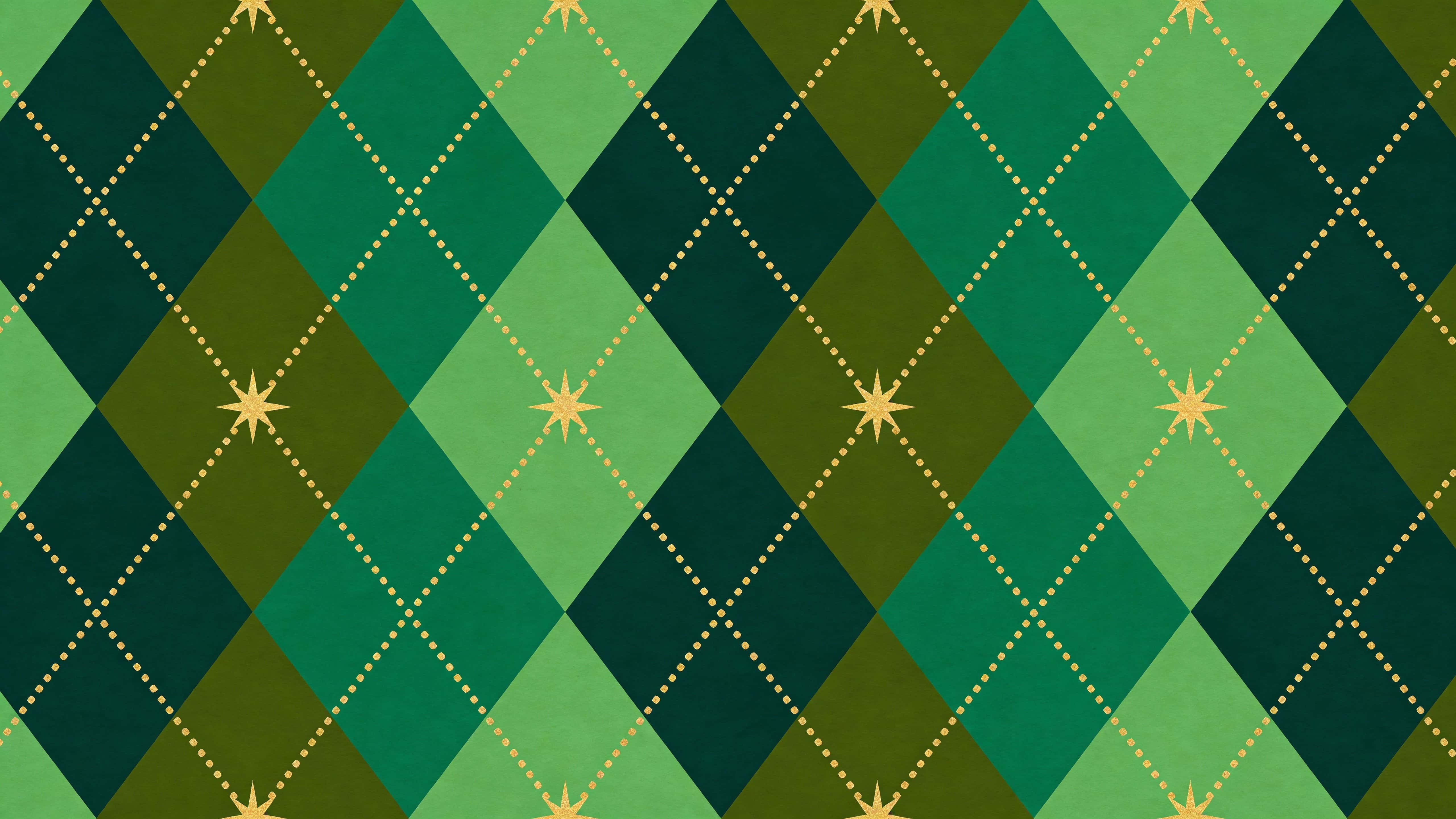 Seamless argyle diamonds in dark emerald, pine and deep olive with thin gold dotted diagonal lines and small gold stars at intersections, flat vector with crisp geometric edges, uniform repeat across a 16:9 print-ready tile.