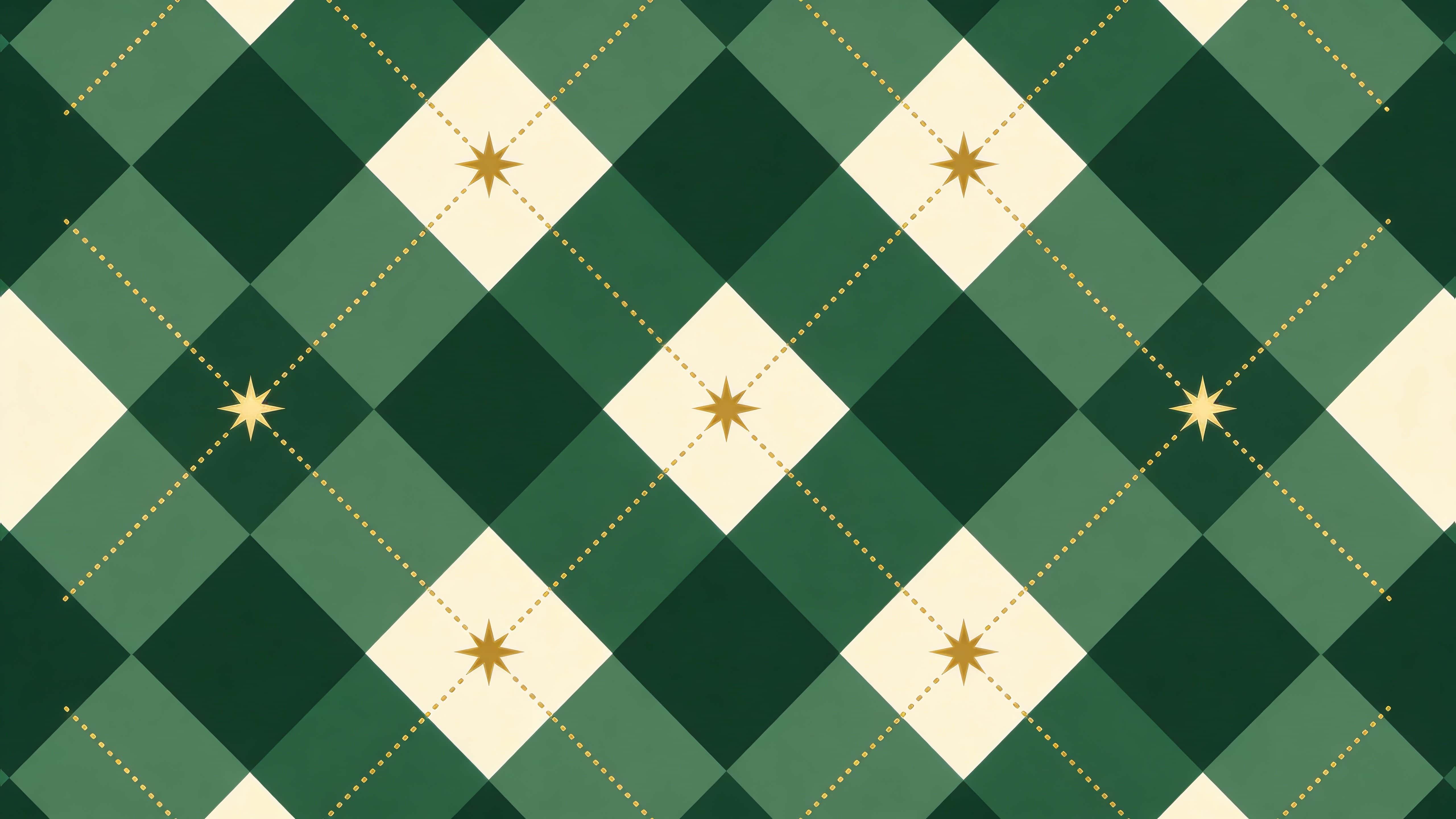 Seamless argyle background of layered emerald and deep forest green diamonds with thin gold dotted diagonal lines and small gold star icons at intersections, flat vector and perfectly tileable in 16:9.
