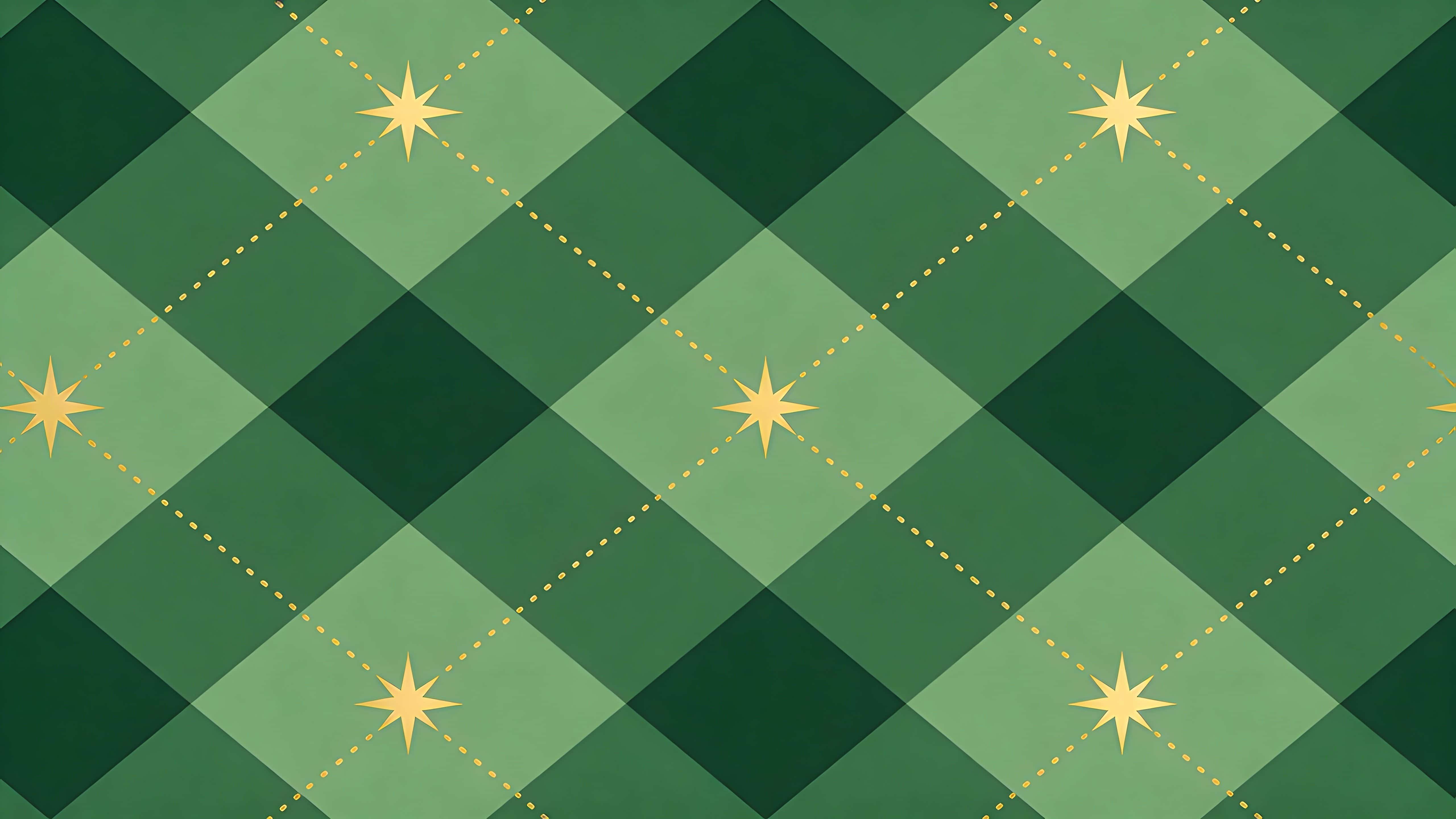 Seamless decorative argyle wallpaper in layered forest greens with large spaced diamonds, thin gold dotted diagonal lines and minimal gold star accents, flat vector repeat.
