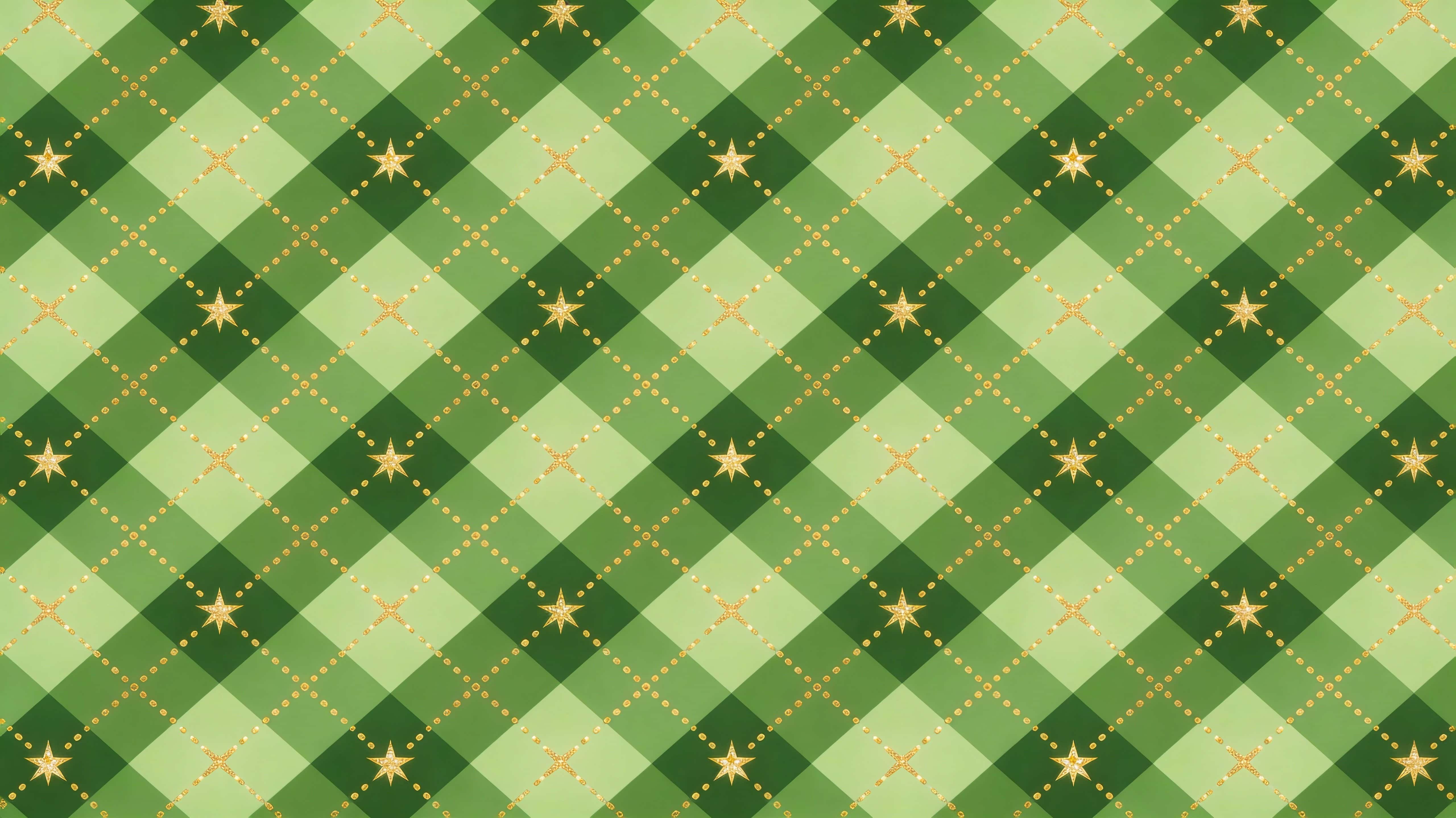Seamless repeating argyle pattern of small, tightly packed green diamonds layered diagonally, with fine gold dotted lines forming a dense grid and tiny gold stars at frequent intersections, rendered flat and vector-perfect for continuous 16